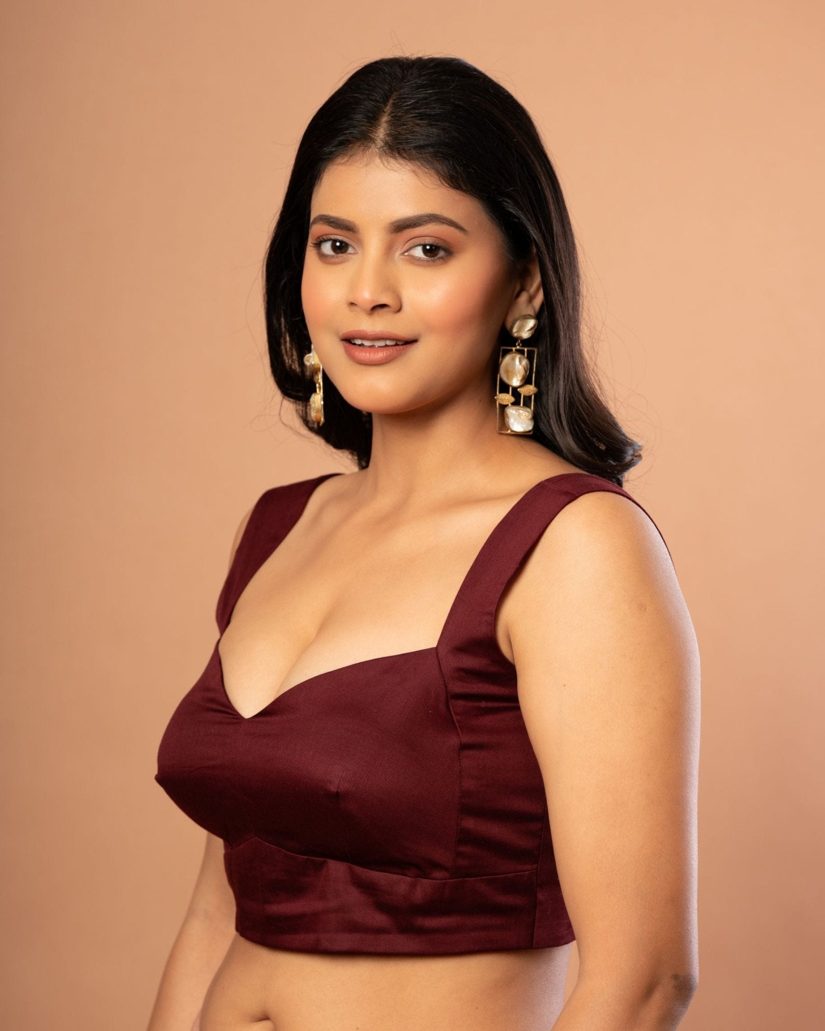 Maroon Designer Blouse in Cotton Silk with Queen Anne Neckline - Anvi Couture