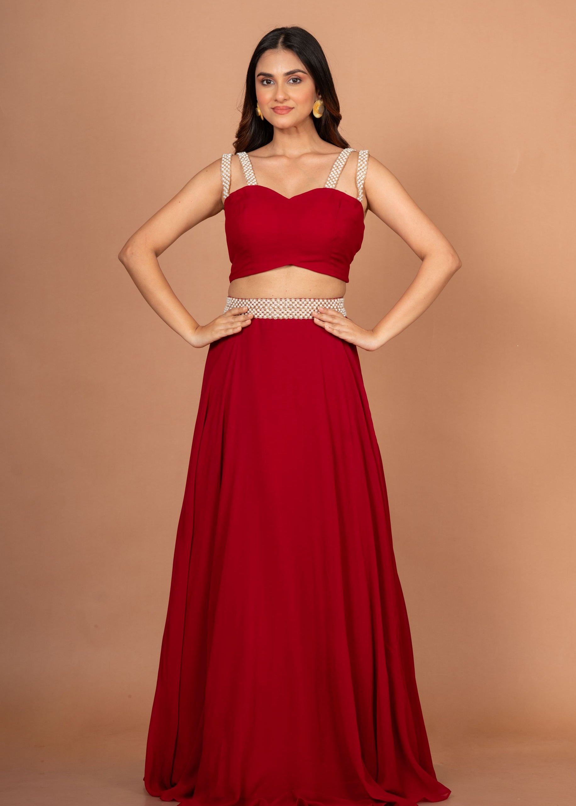 Maroon Designer Crop Top Georgette Lehenga Full

