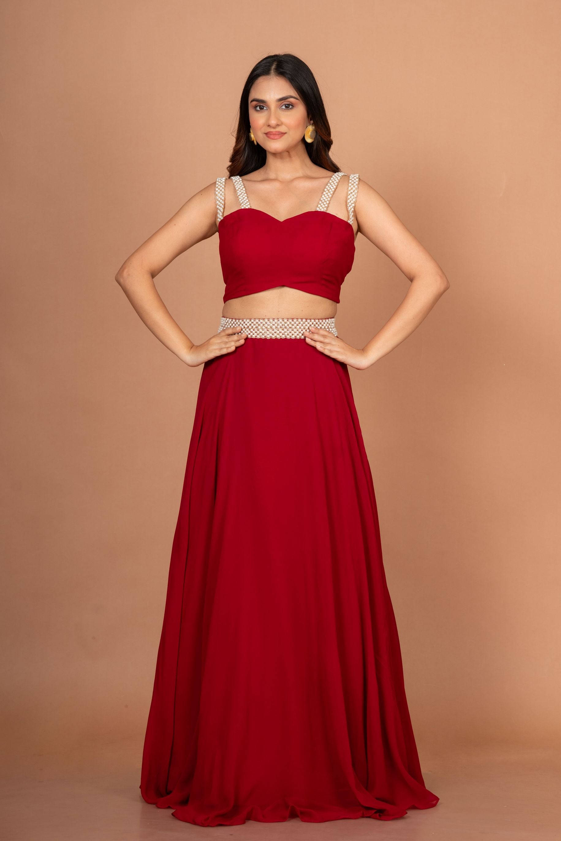 Maroon Designer Crop Top Georgette Lehenga Full
