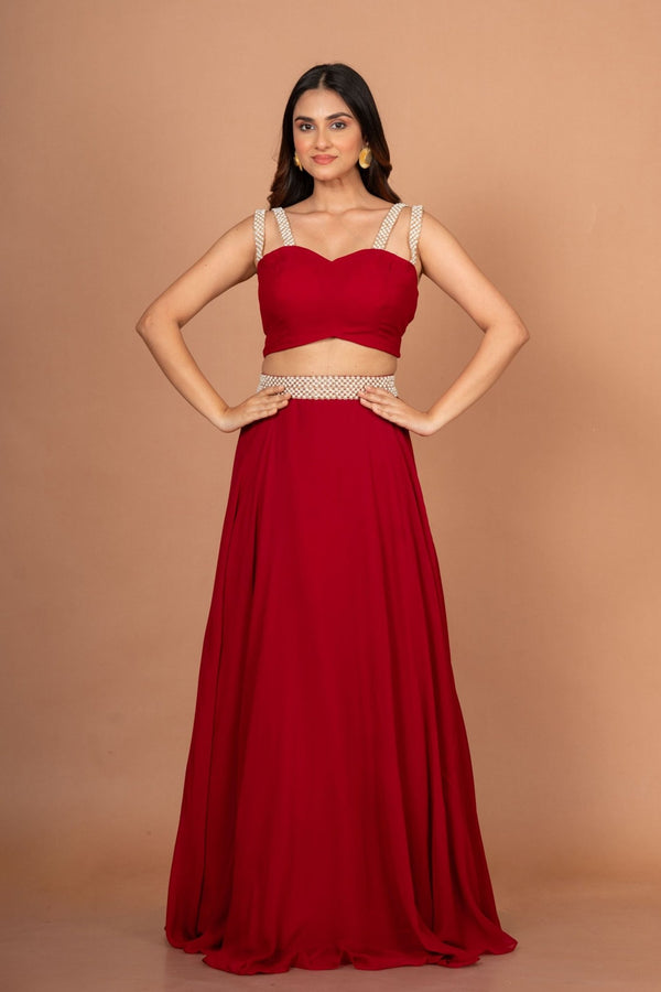Maroon Designer Crop Top Georgette Lehenga - Anvi Couture