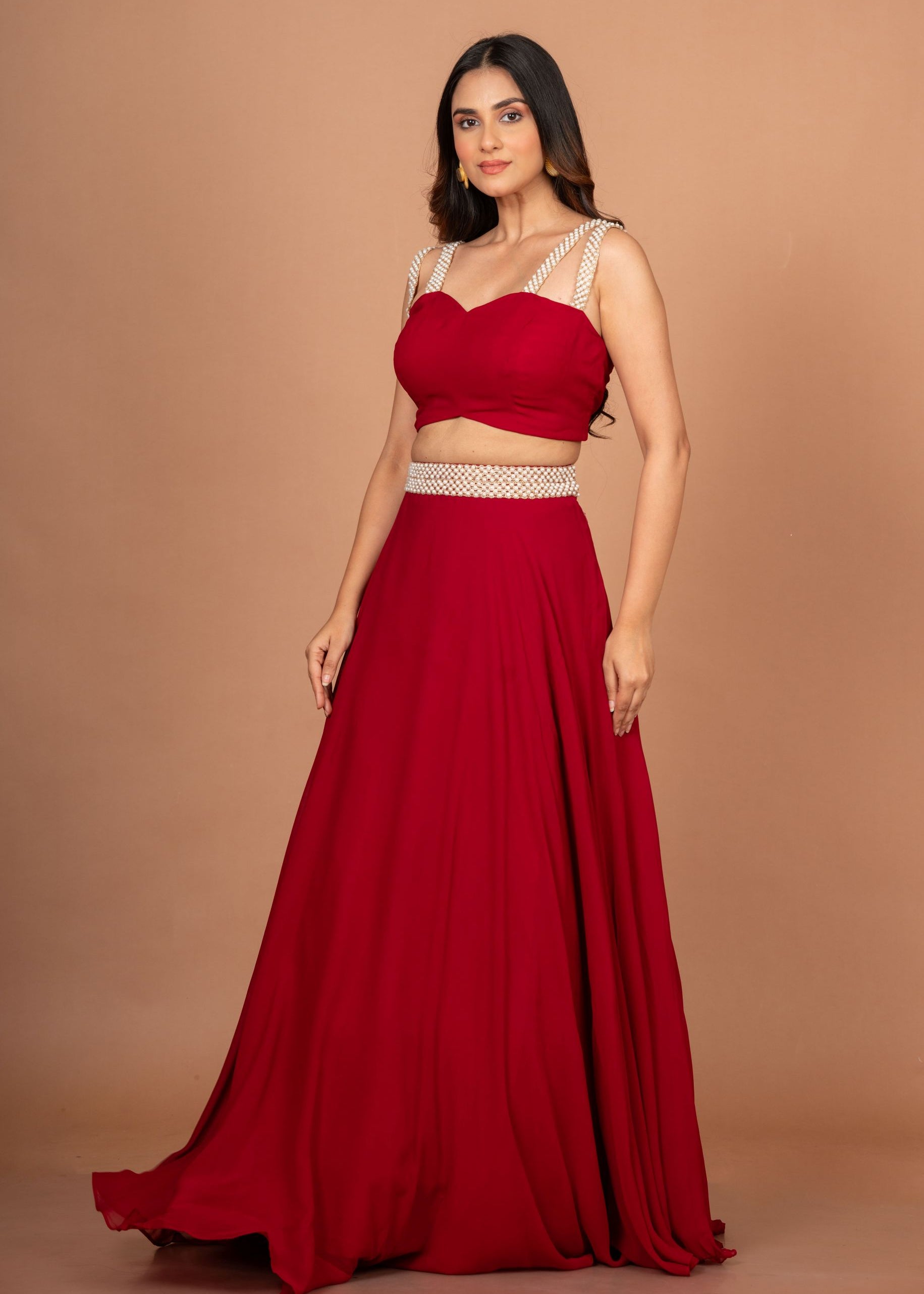 Maroon Designer Crop Top Georgette Lehenga Front
