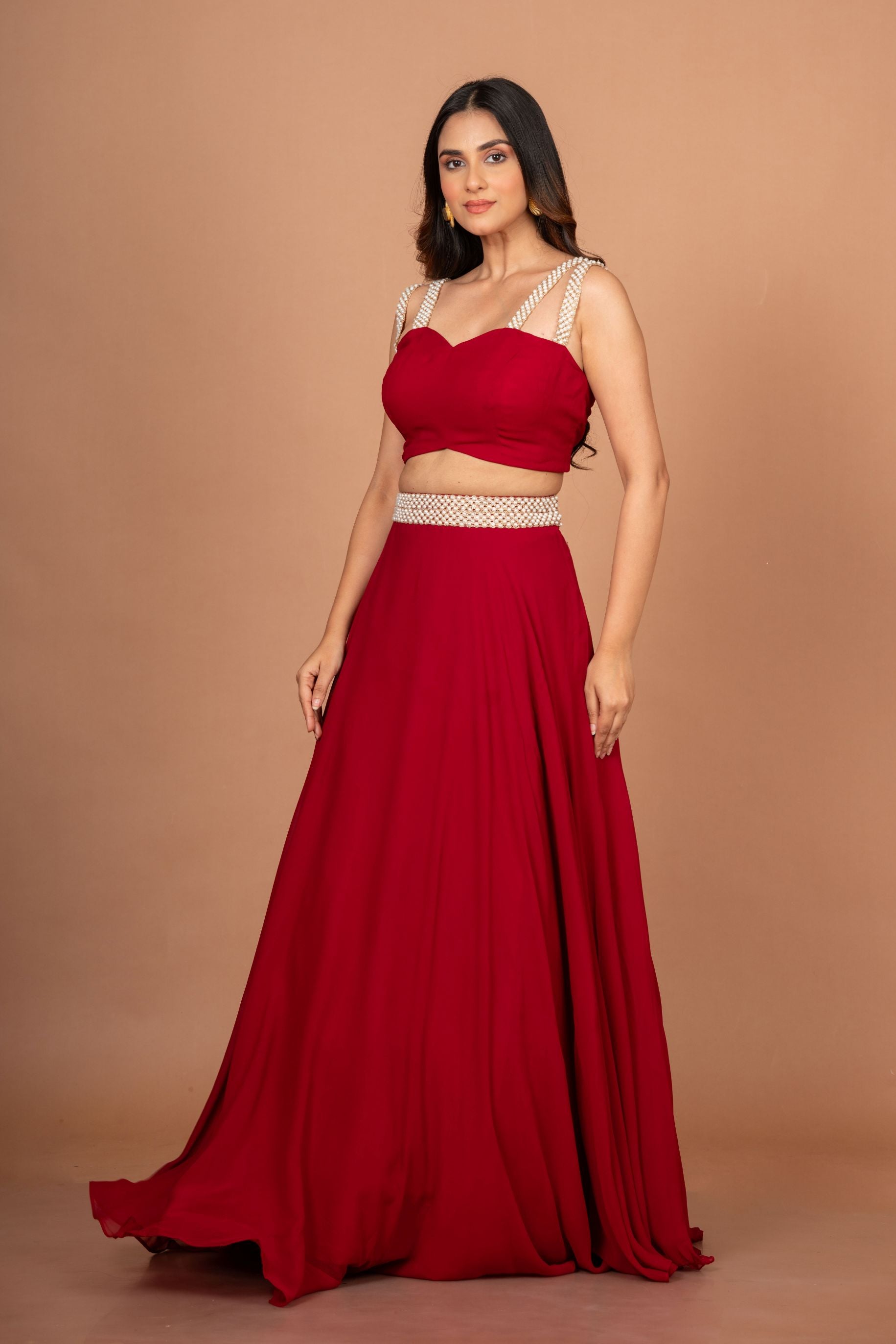 Maroon Designer Crop Top Georgette Lehenga Front
