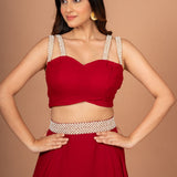 Maroon Designer Crop Top Georgette Lehenga Close Up
