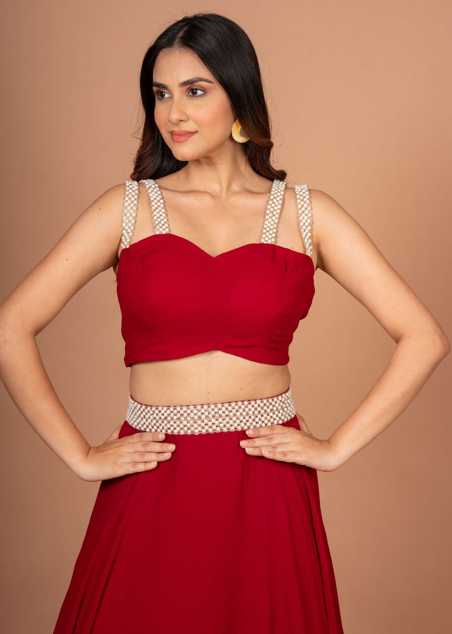 Maroon Designer Crop Top Georgette Lehenga Close Up
