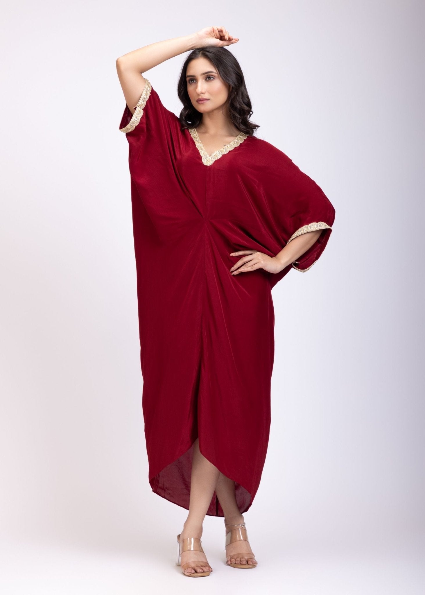 Maroon Designer Drape Kaftan Dress - Anvi Couture
