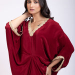 Maroon Designer Drape Kaftan Dress close up