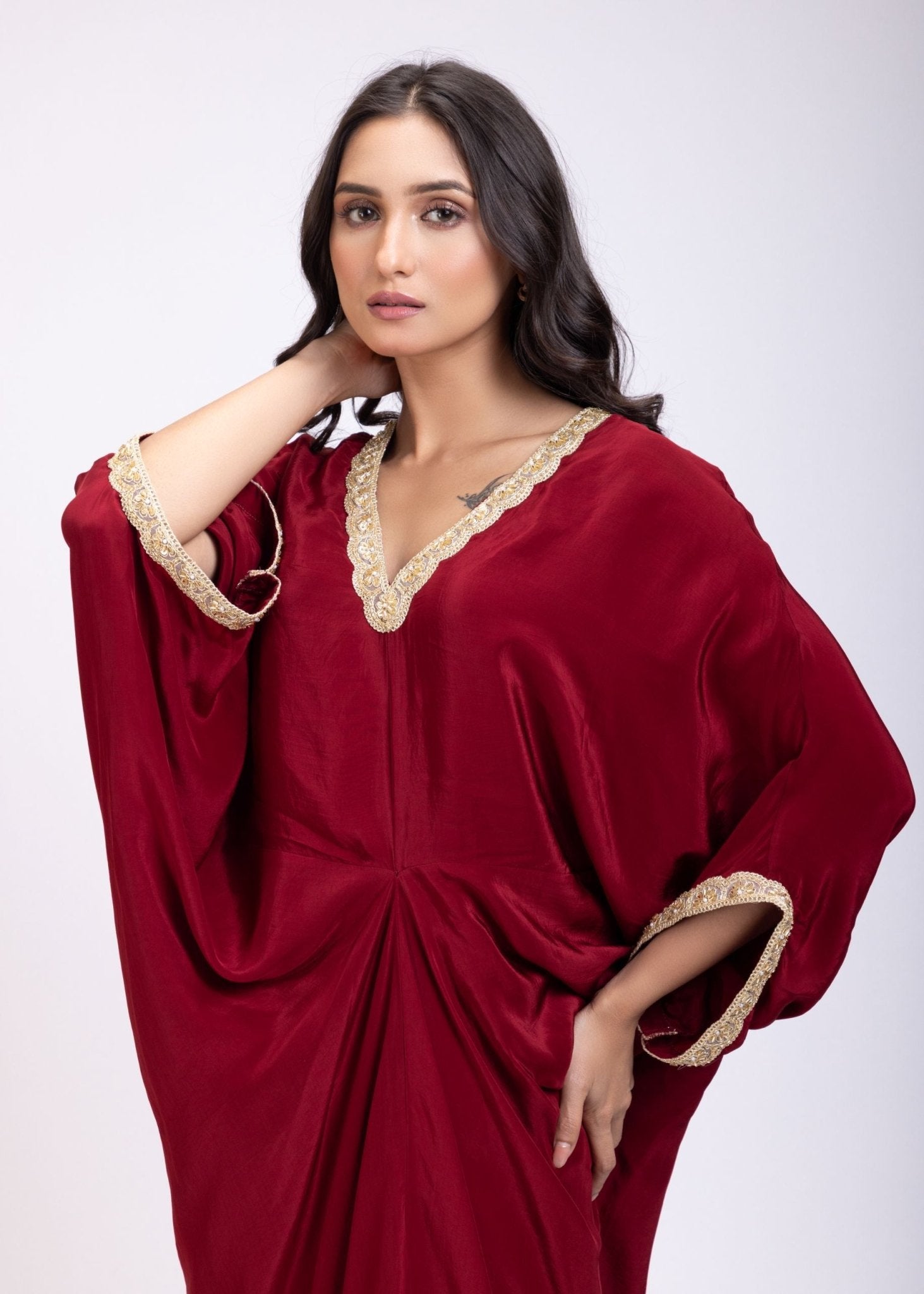 Maroon Designer Drape Kaftan Dress - Anvi Couture