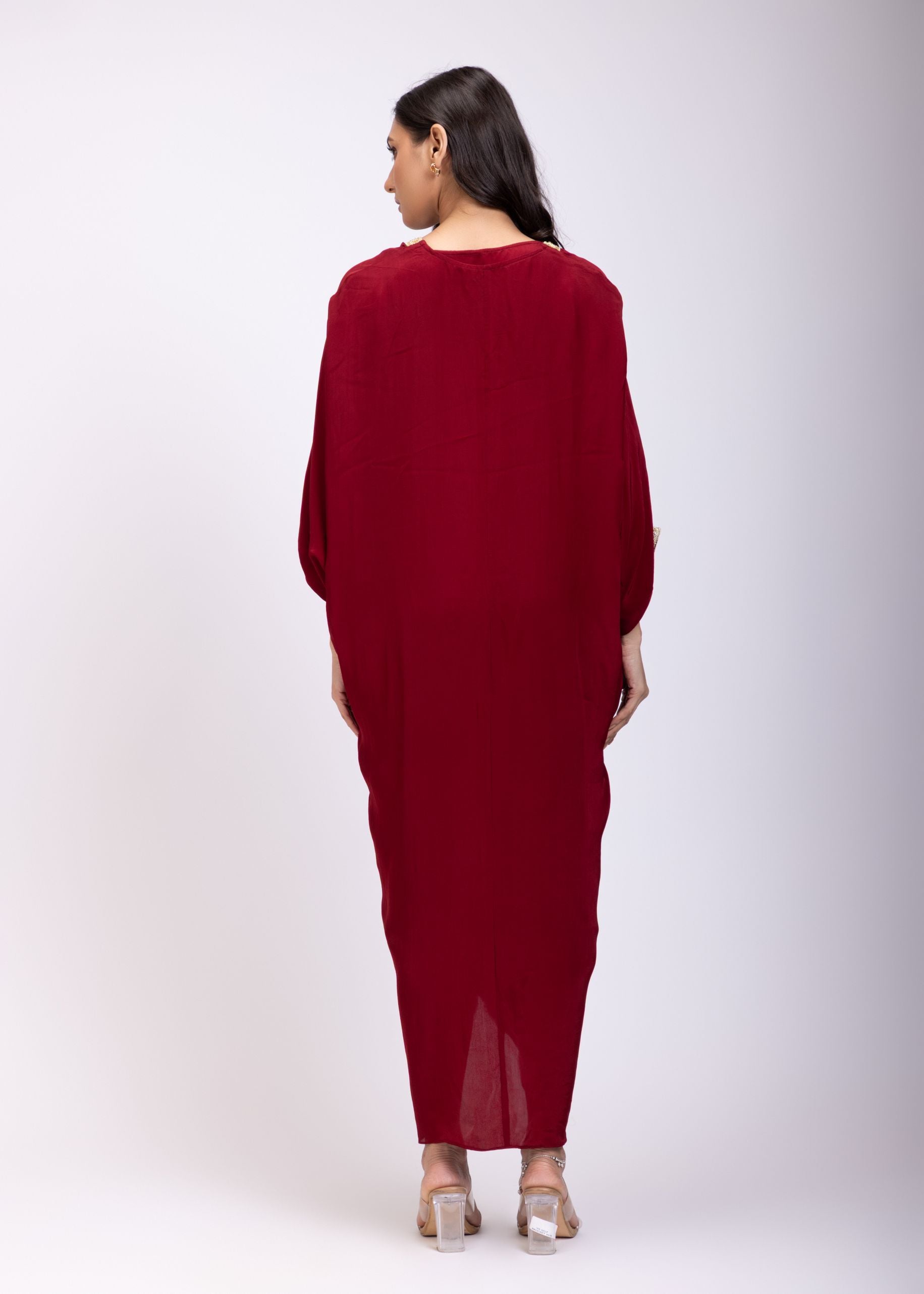 Maroon Designer Drape Kaftan Dress back