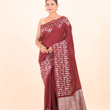 Maroon Dola Silk Saree with Silver Zari Woven Border and Pallu Front view