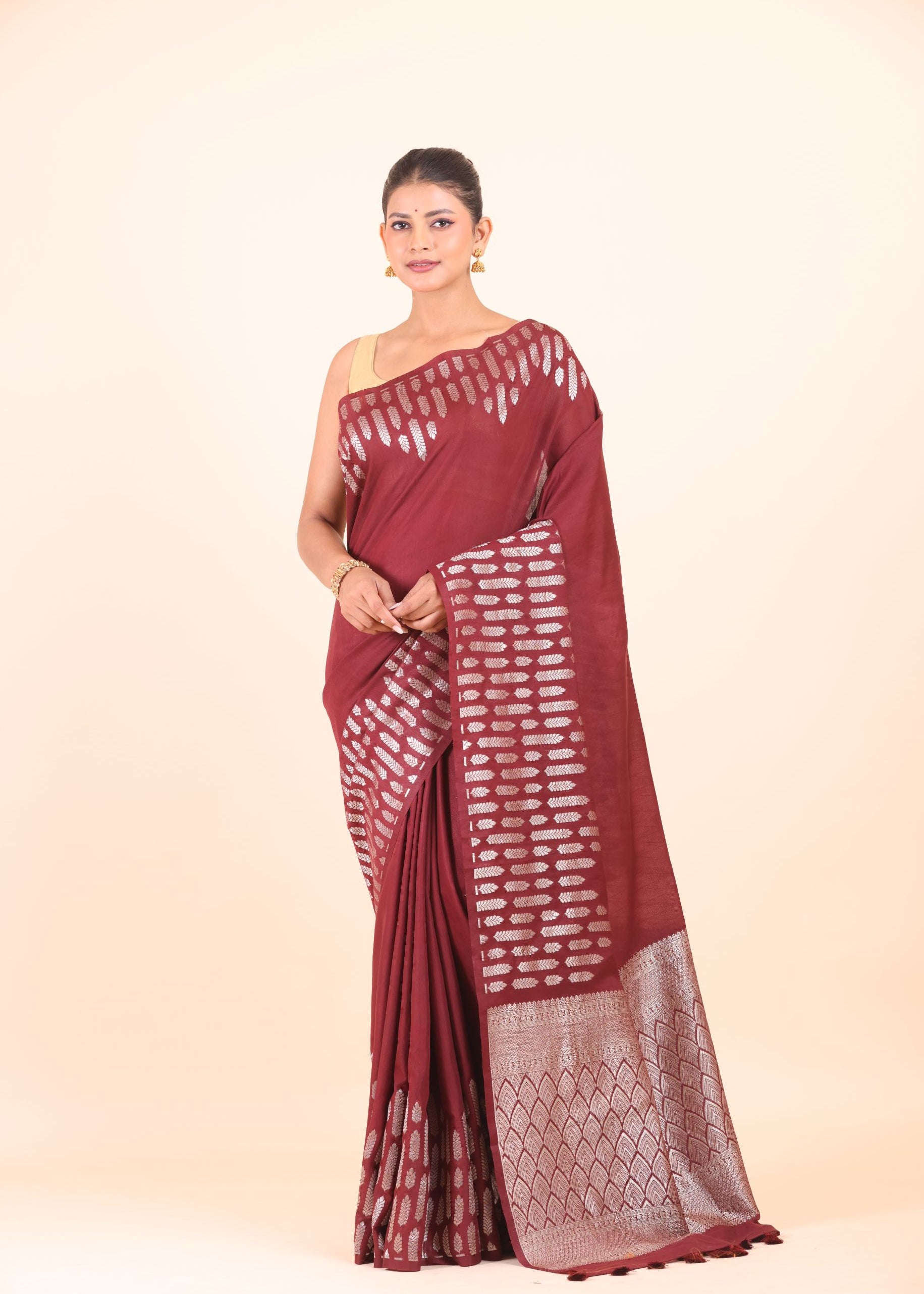 Maroon Dola Silk Saree with Silver Zari Woven Border and Pallu Front view