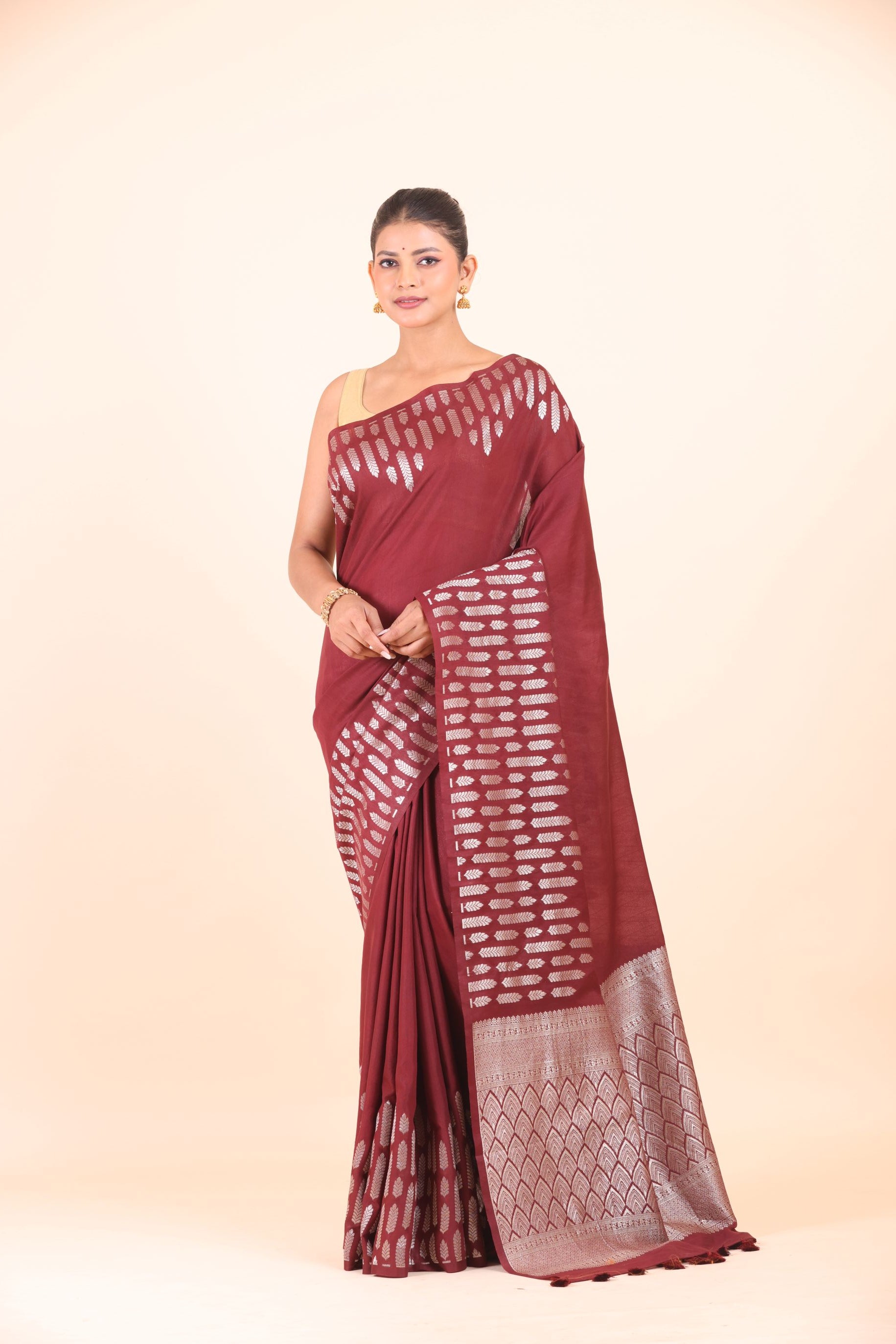 Maroon Dola Silk Saree with Silver Zari Woven Border and Pallu Front view