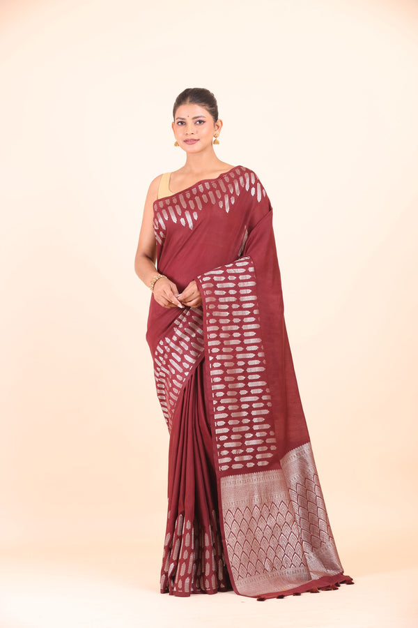 Maroon Dola Silk Saree with Silver Zari Woven Border and Pallu Front view