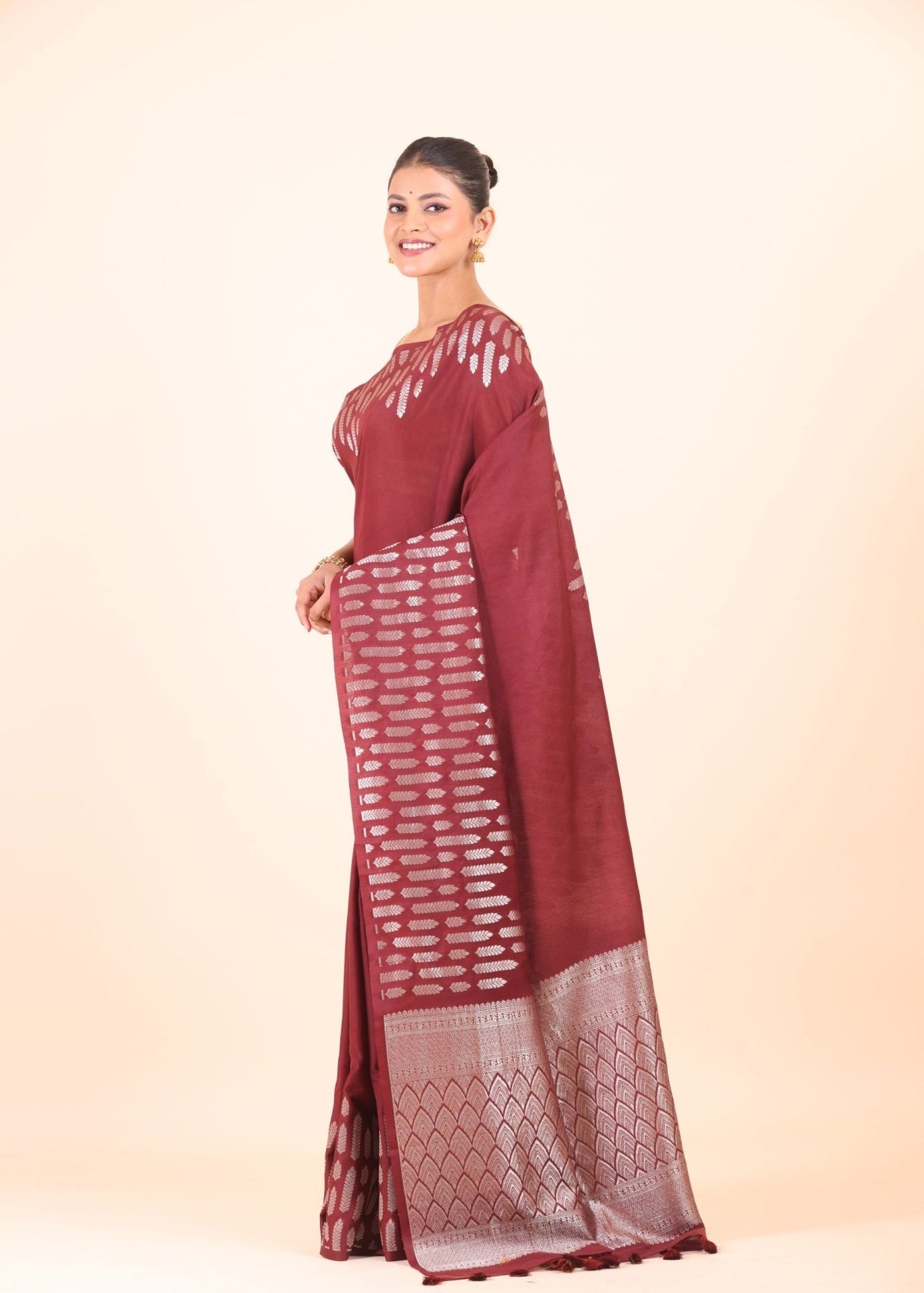 Maroon Dola Silk Saree with Silver Zari Woven Border and Pallu - Anvi Couture