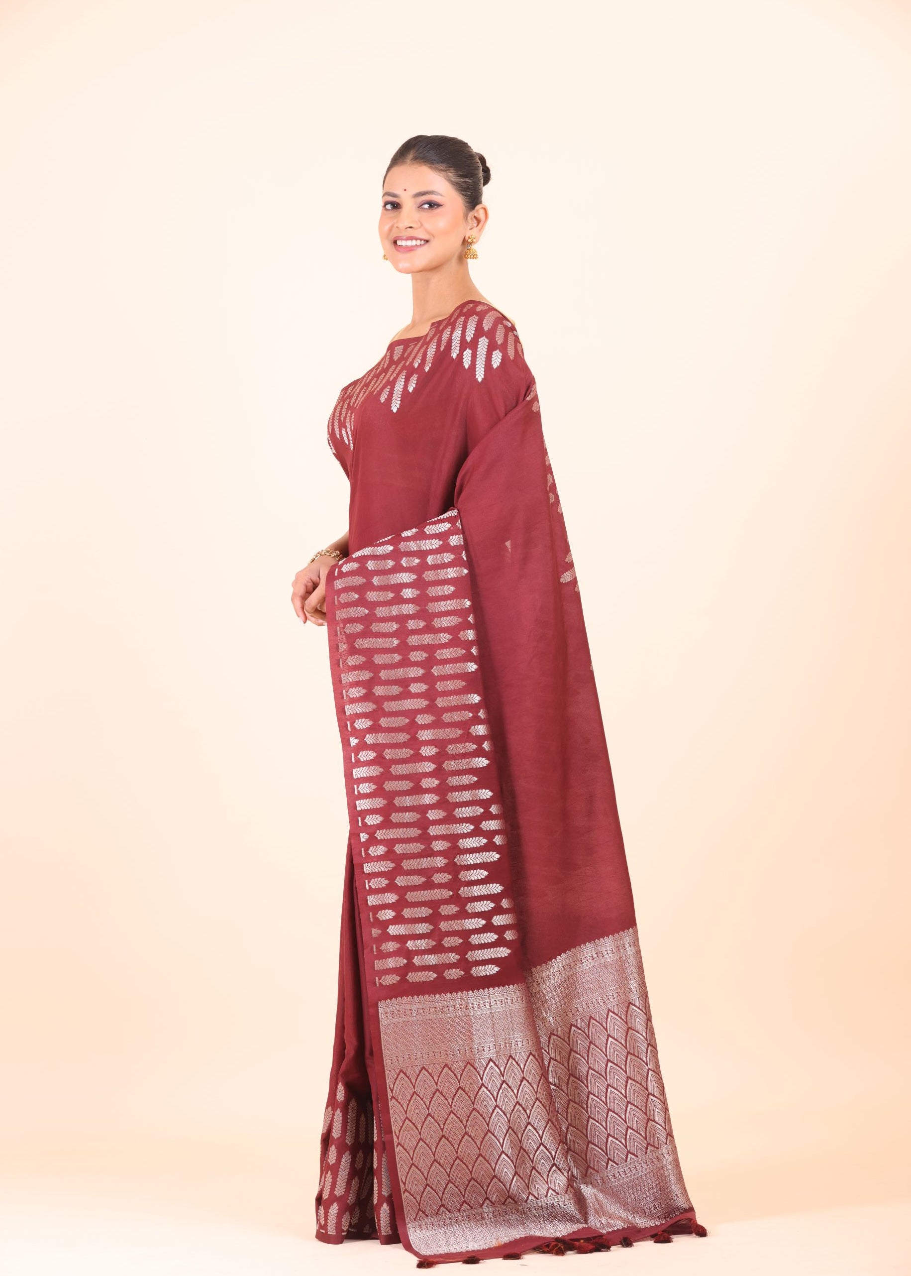 Maroon Dola Silk Saree with Silver Zari Woven Border and Pallu Side View