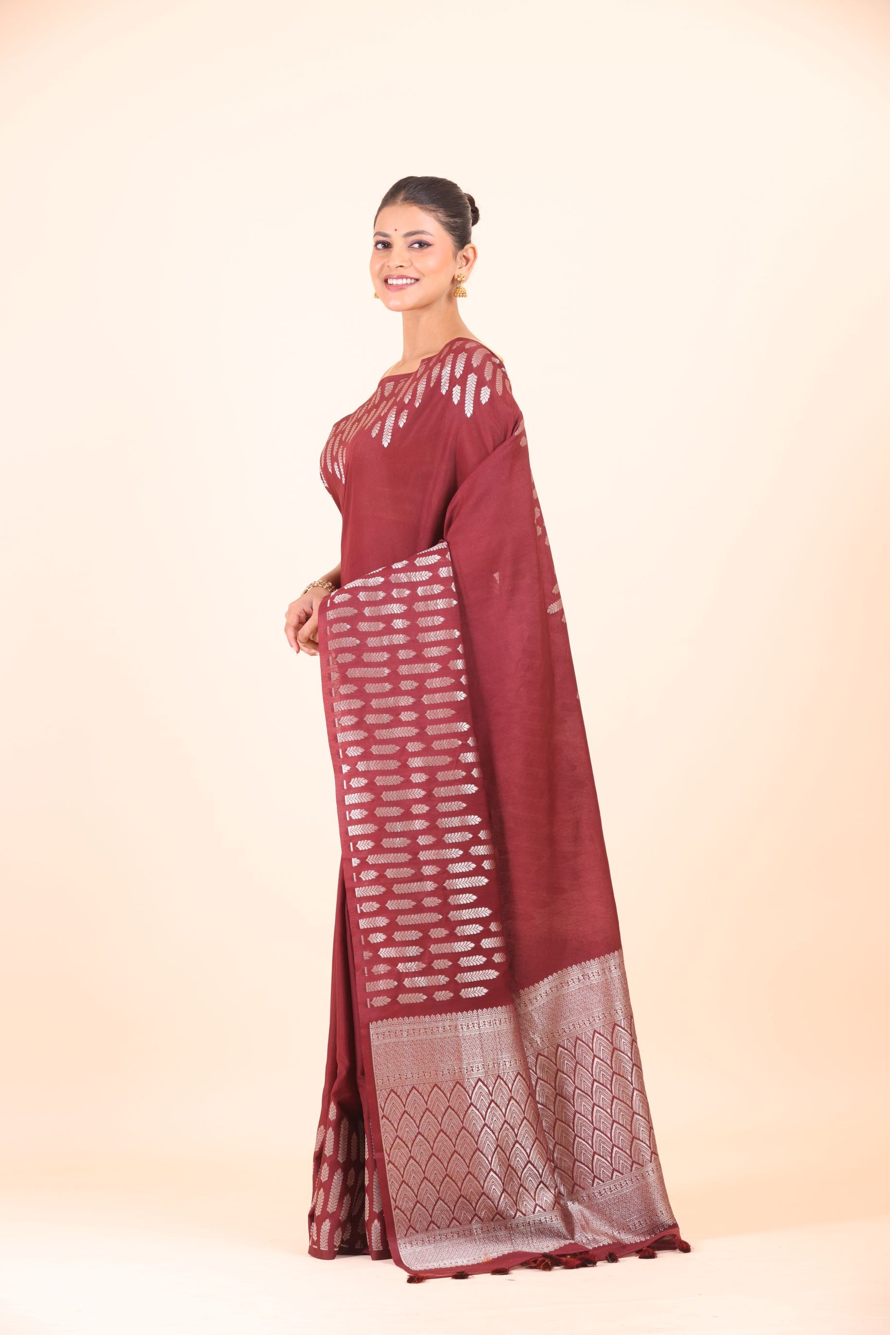 Maroon Dola Silk Saree with Silver Zari Woven Border and Pallu Side View