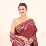 Maroon Dola Silk Saree with Silver Zari Woven Border and Pallu Close Up