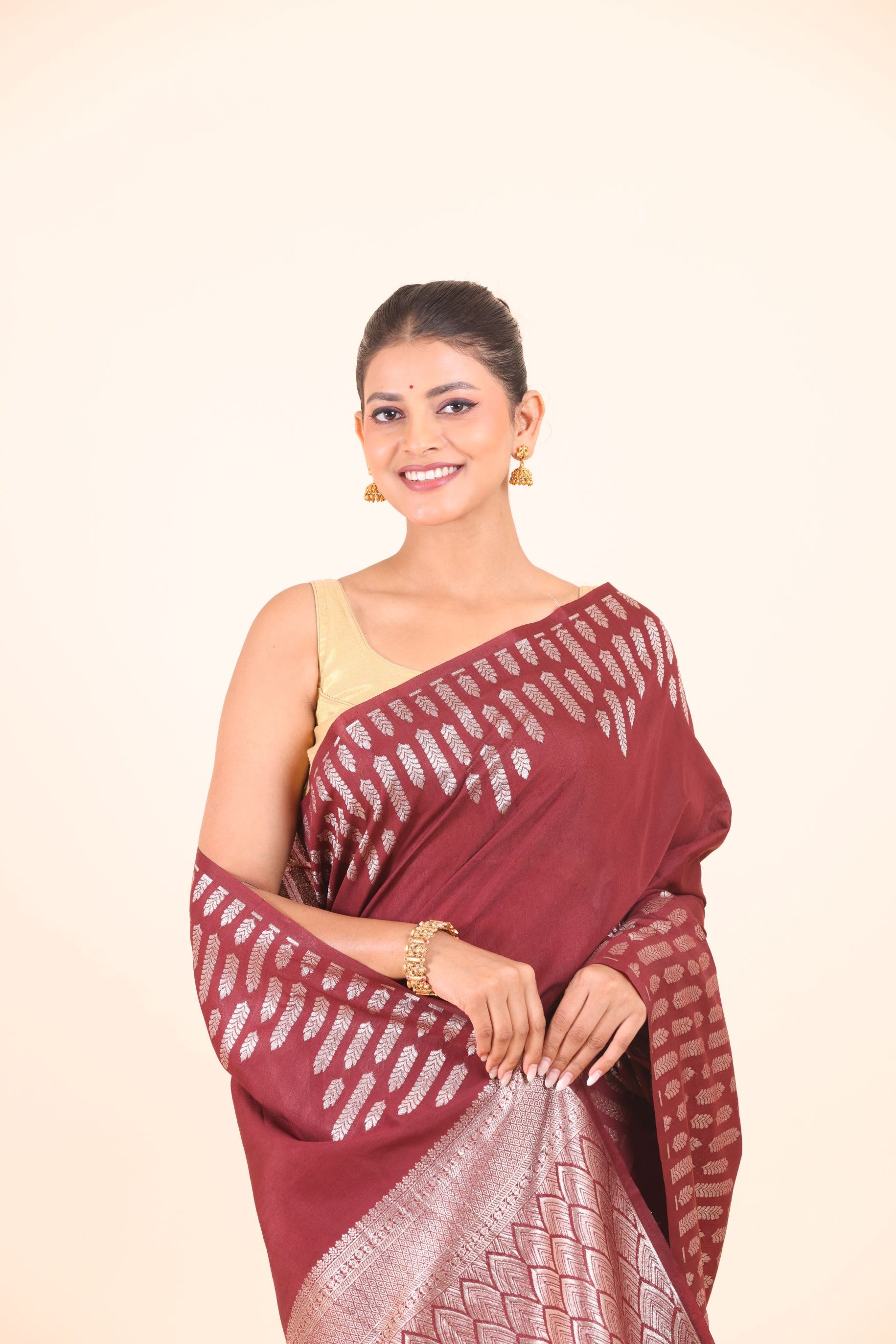 Maroon Dola Silk Saree with Silver Zari Woven Border and Pallu Close Up