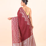 Maroon Dola Silk Saree with Silver Zari Woven Border and Pallu Back