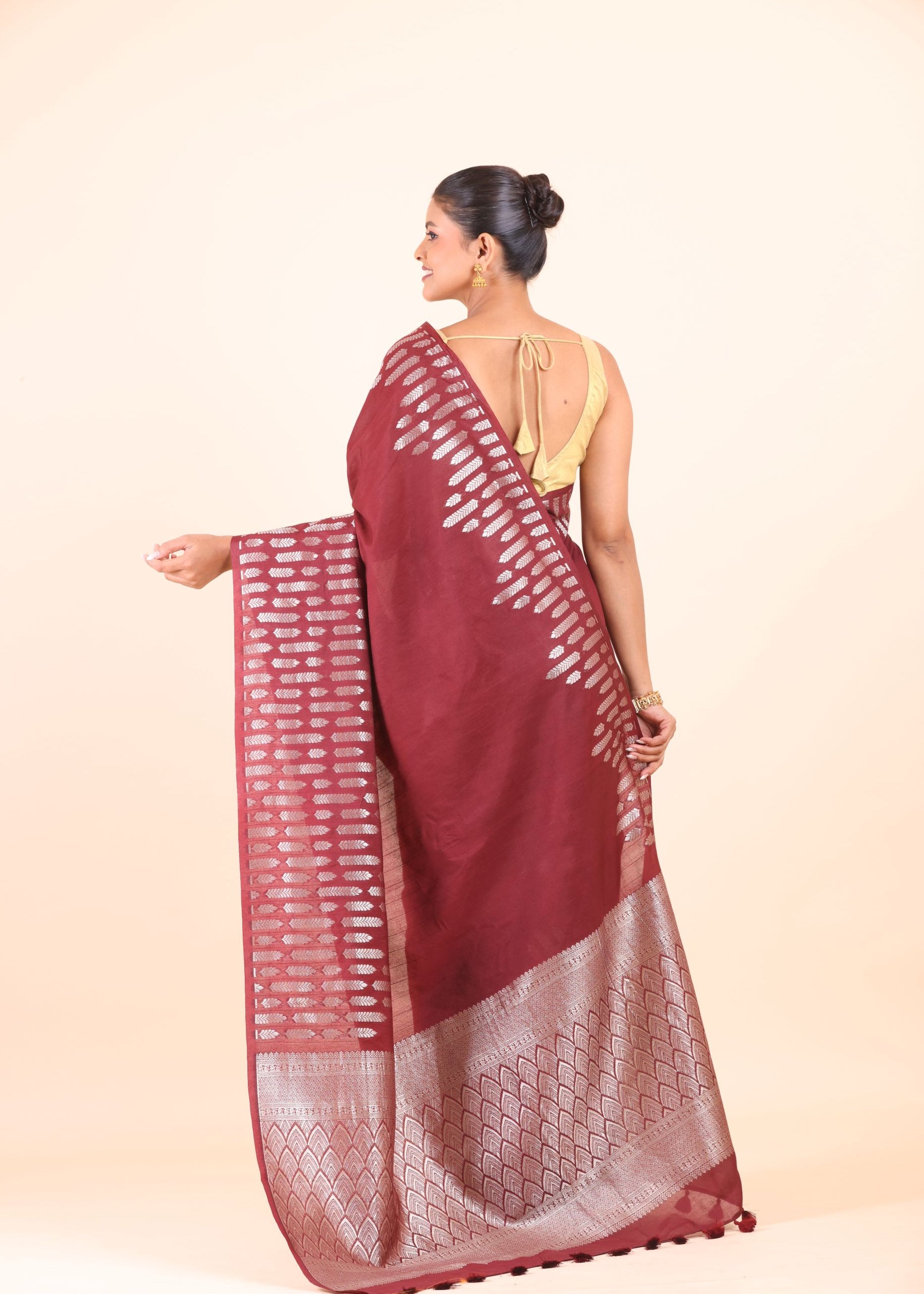 Maroon Dola Silk Saree with Silver Zari Woven Border and Pallu Back