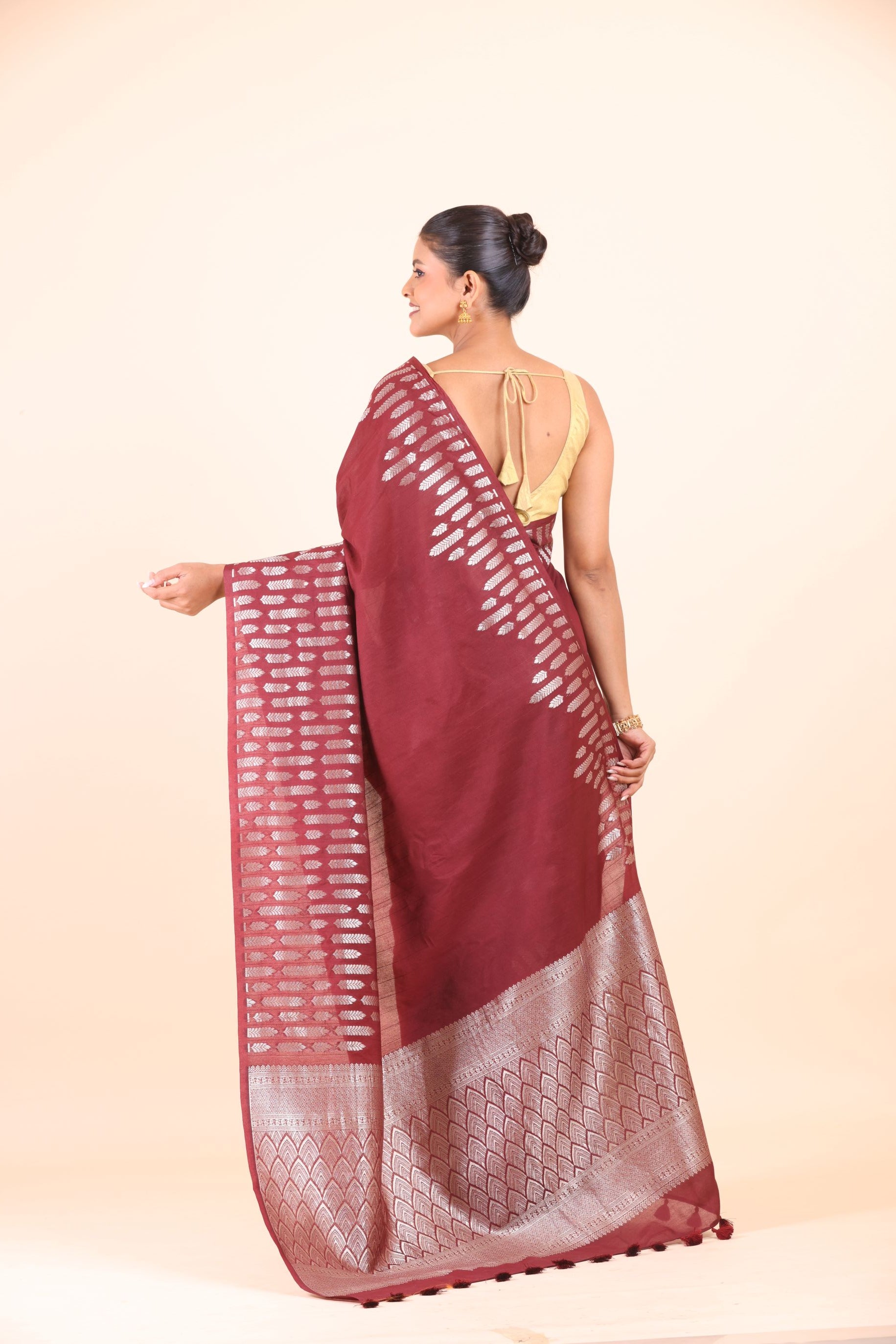 Maroon Dola Silk Saree with Silver Zari Woven Border and Pallu Back