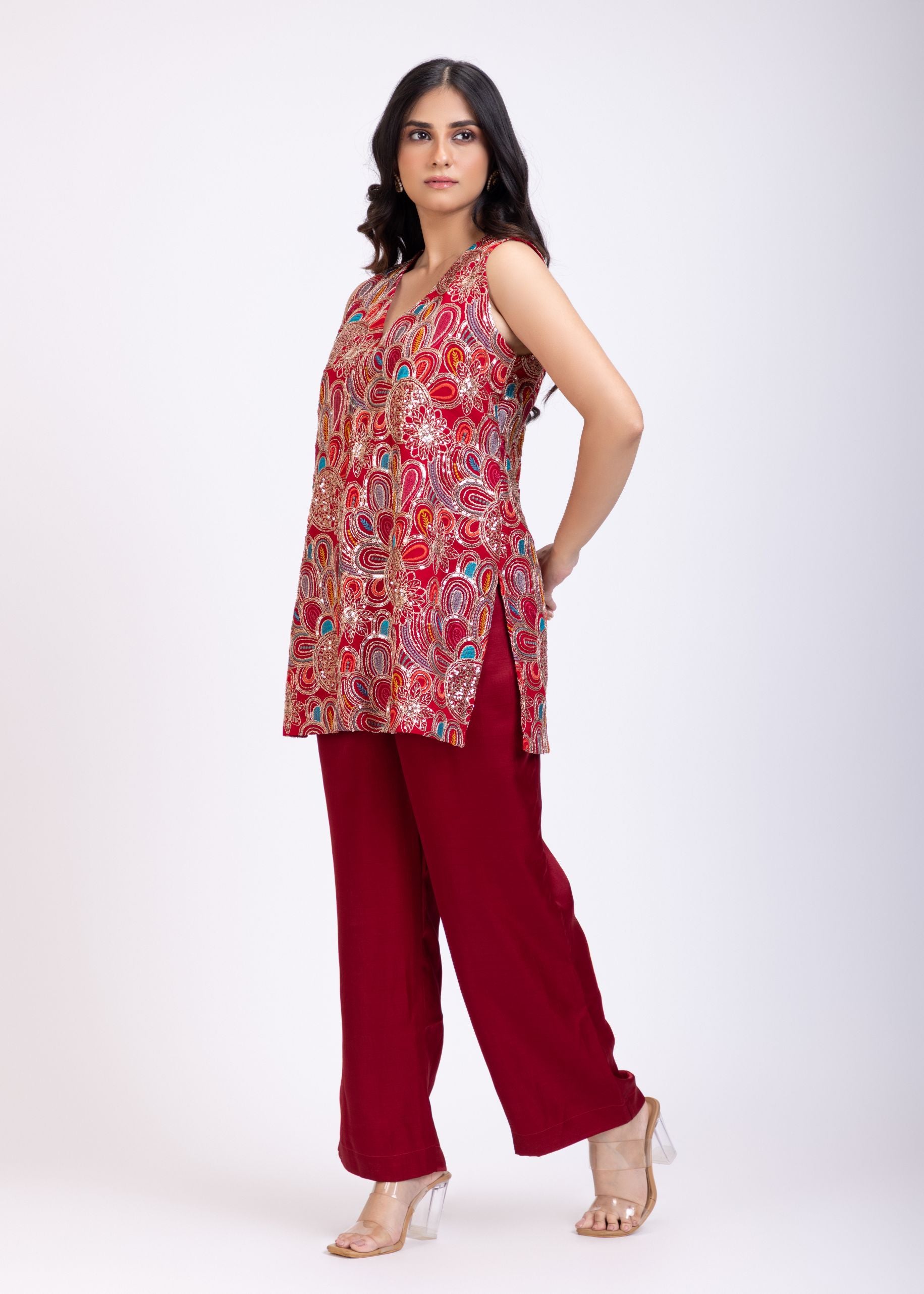 Maroon Embroidered Short Kurta Set front
