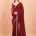 Maroon Georgette Saree Blouse Set  With Golden Embroidered Border and Cutdana Work Front View
