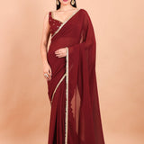 Maroon Georgette Saree Blouse Set  With Golden Embroidered Border and Cutdana Work Front View