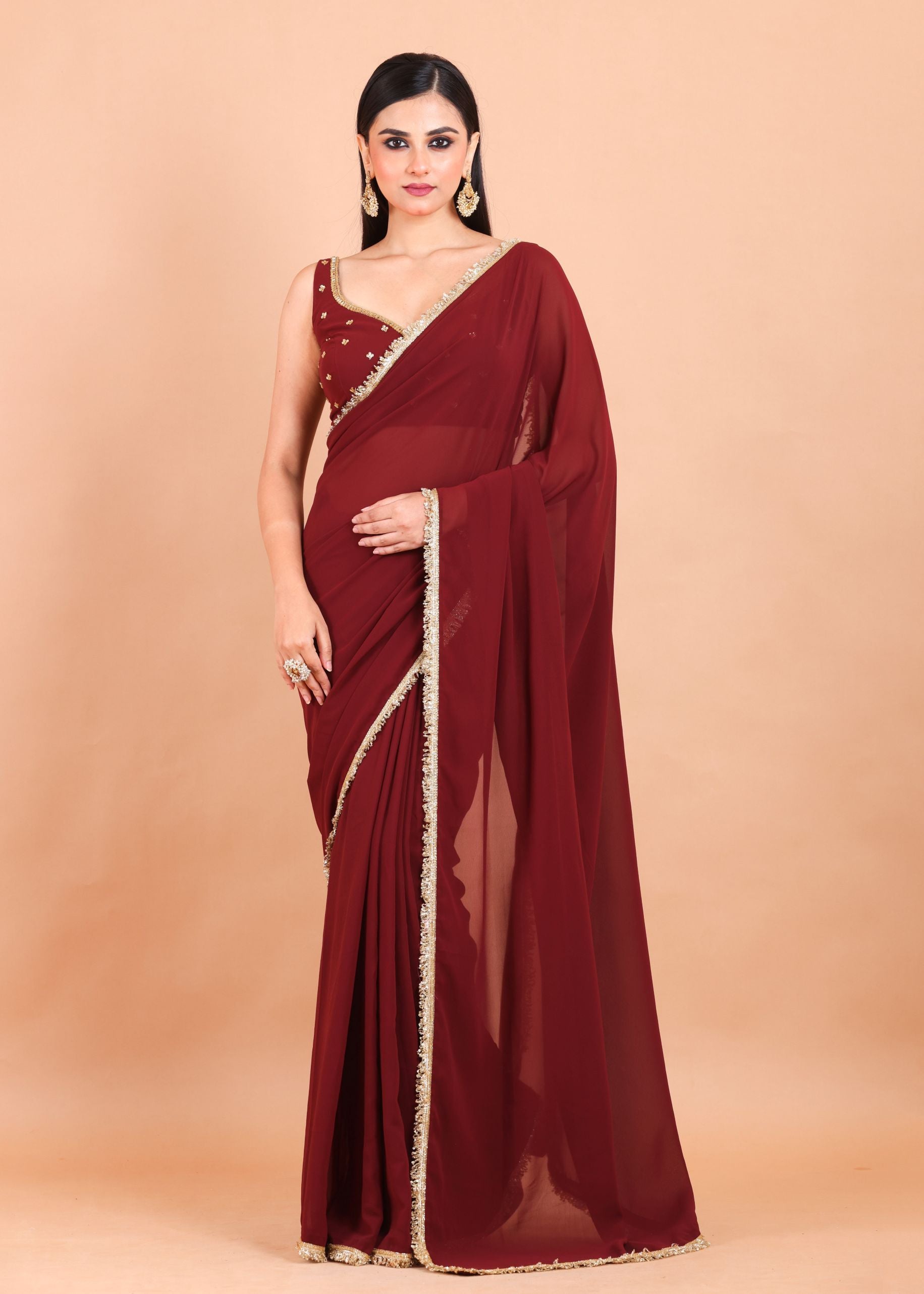 Maroon Georgette Saree Blouse Set  With Golden Embroidered Border and Cutdana Work Front View