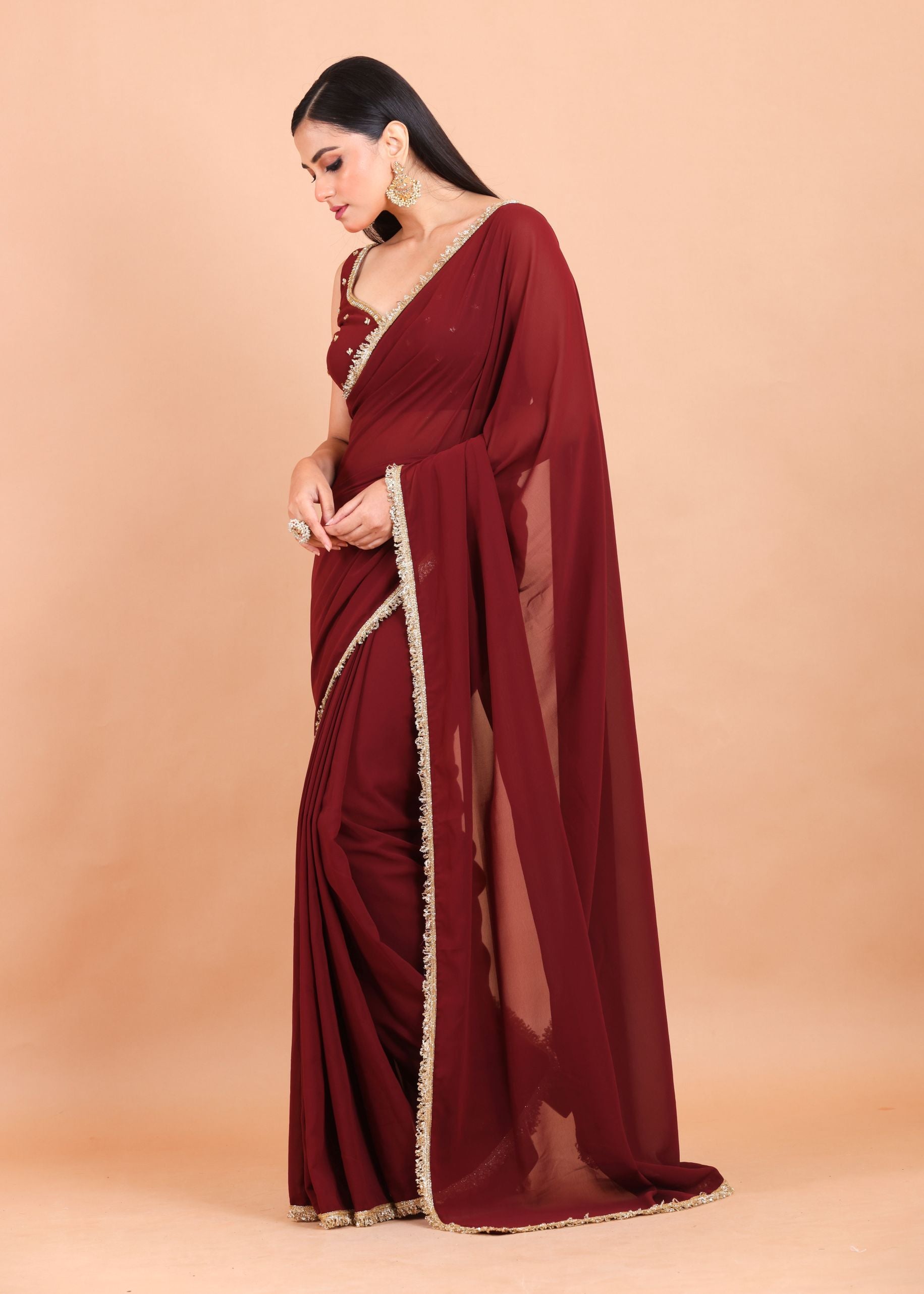Maroon Georgette Saree Blouse Set  With Golden Embroidered Border and Cutdana Work Side View