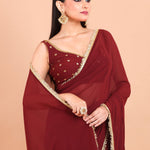 Maroon Georgette Saree Blouse Set  With Golden Embroidered Border and Cutdana Work Close Up