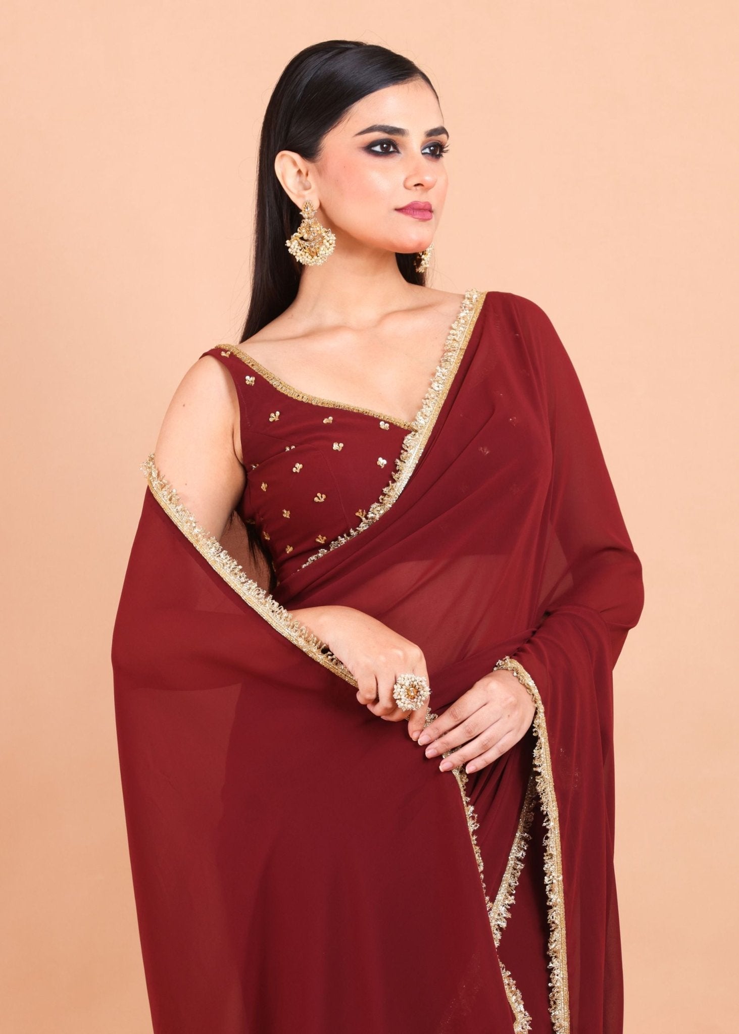Maroon Georgette Saree Blouse Set With Golden Embroidered Border and Cutdana Work - Anvi Couture
