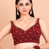 Maroon Georgette Saree Blouse Set  With Golden Embroidered Border and Cutdana Work blouse front View