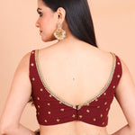 Maroon Georgette Saree Blouse Set  With Golden Embroidered Border and Cutdana Work blouse back design