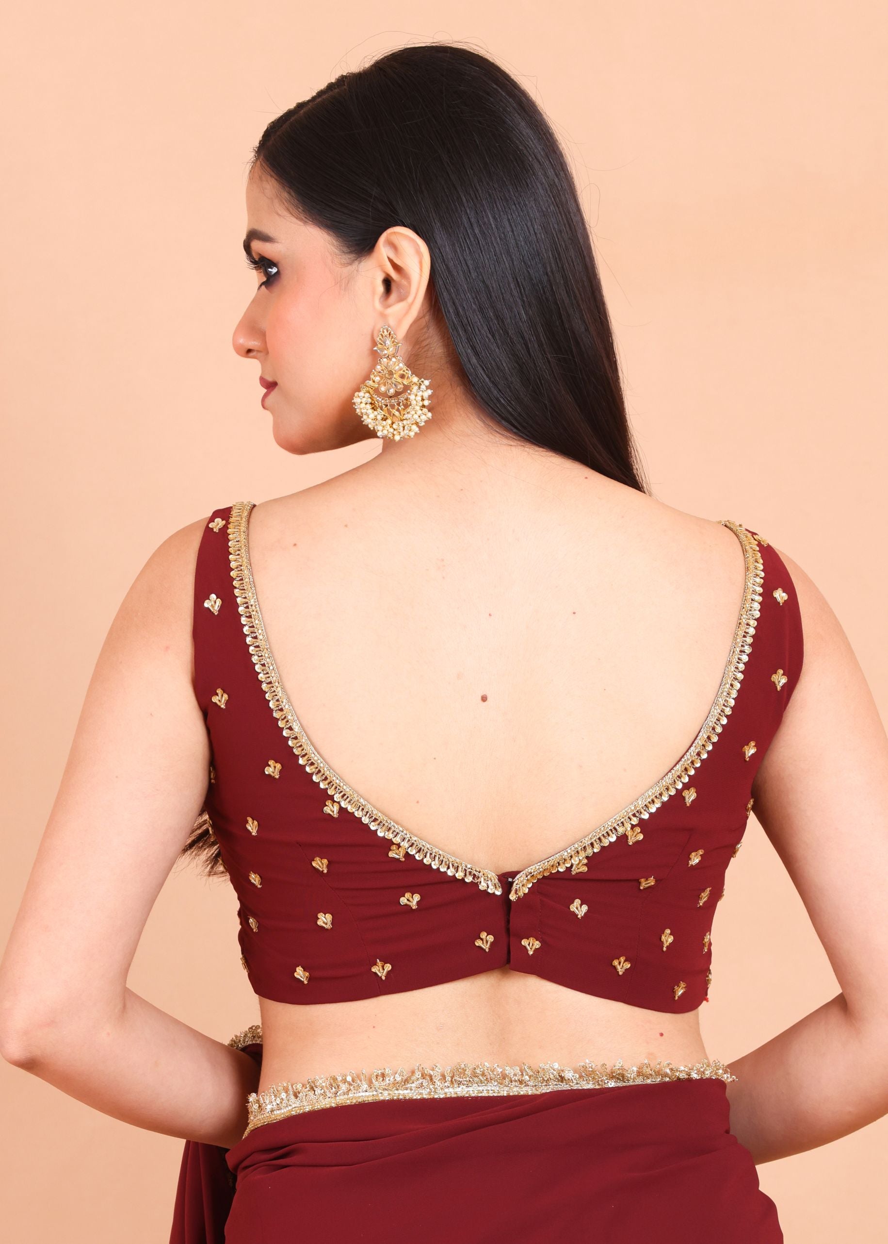 Maroon Georgette Saree Blouse Set  With Golden Embroidered Border and Cutdana Work blouse back design