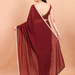Maroon Georgette Saree Blouse Set  With Golden Embroidered Border and Cutdana Work Back design
