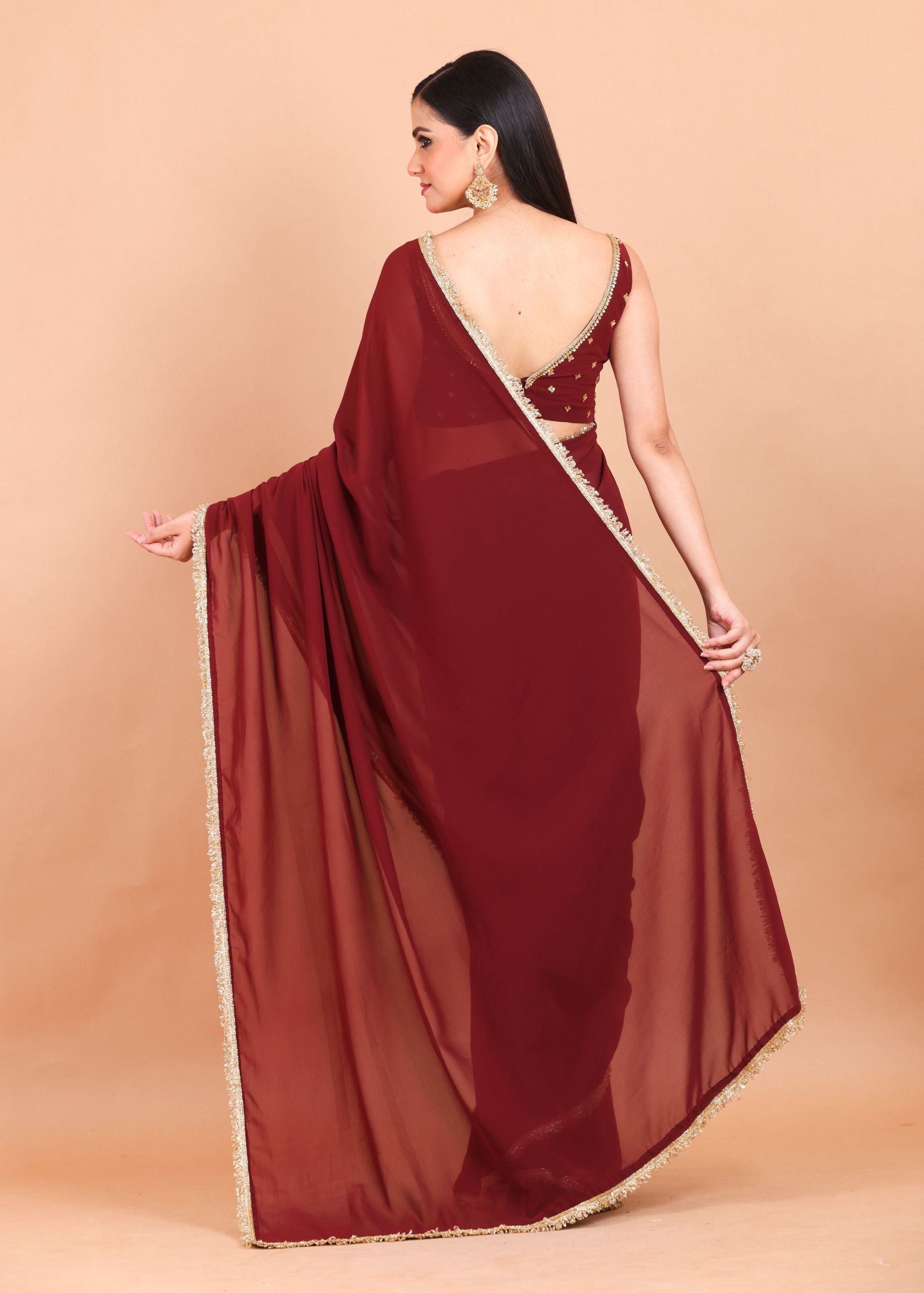 Maroon Georgette Saree Blouse Set  With Golden Embroidered Border and Cutdana Work Back design