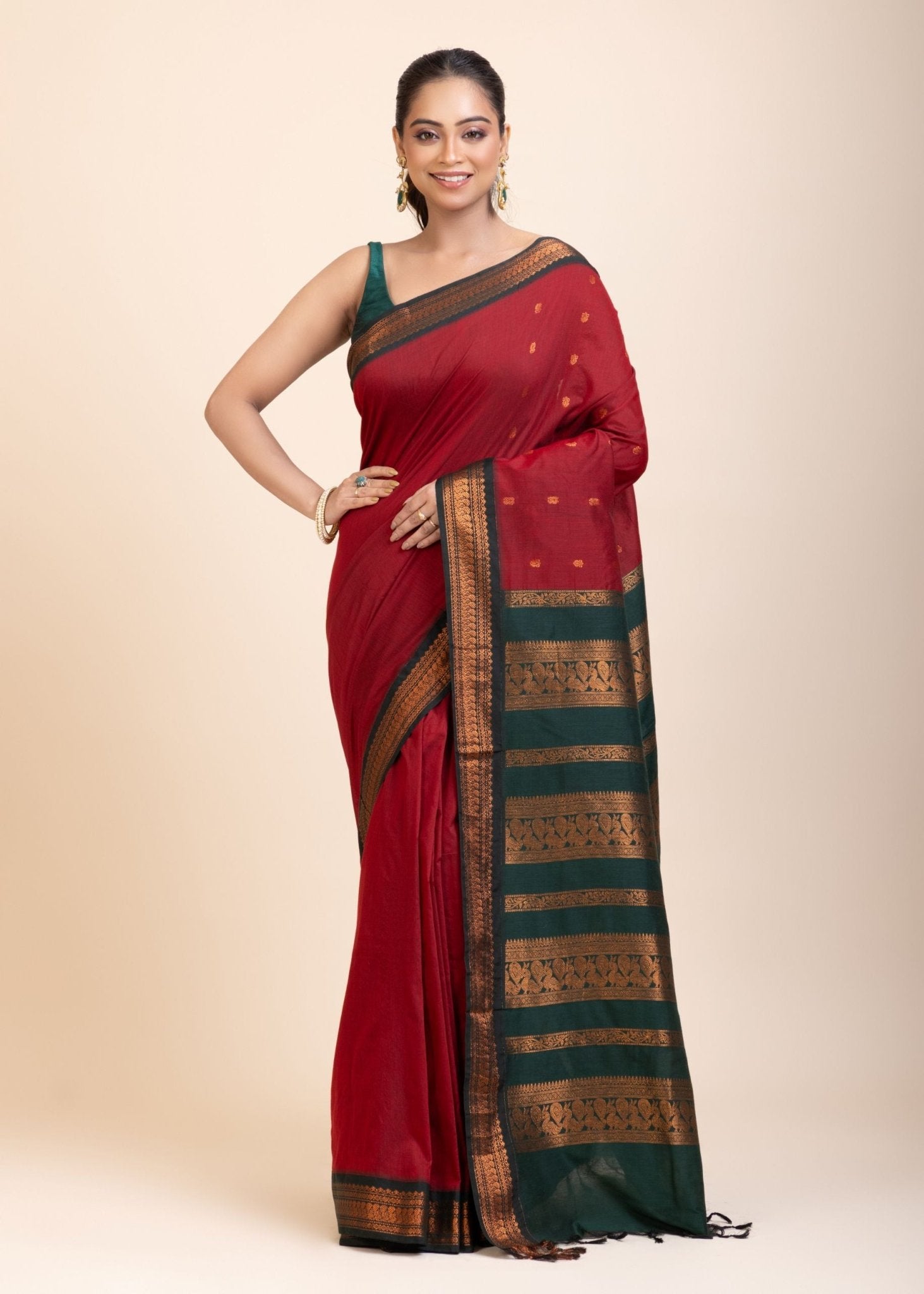 Maroon Green Cotton Gadwal Saree - Anvi Couture