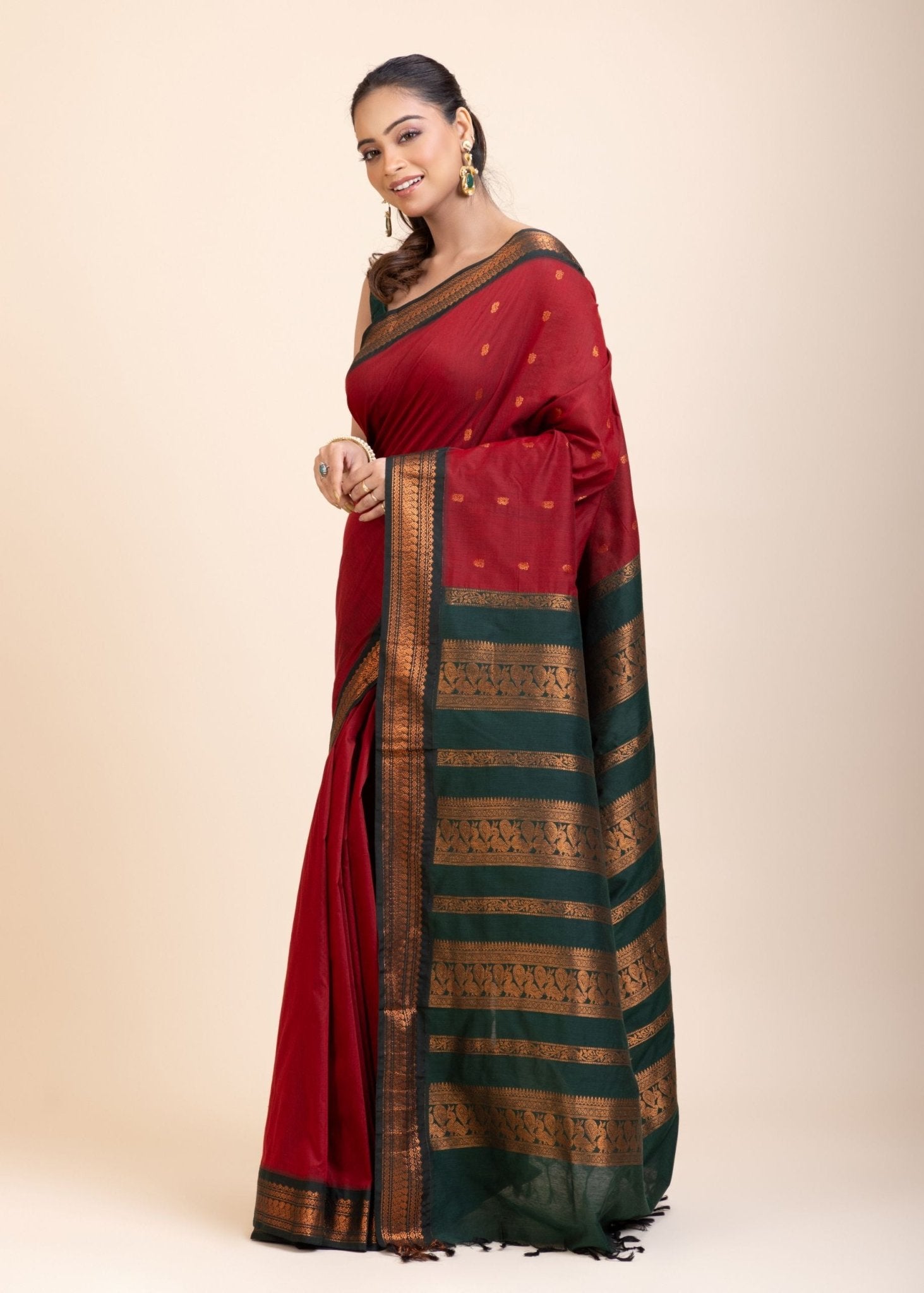Maroon Green Cotton Gadwal Saree - Anvi Couture