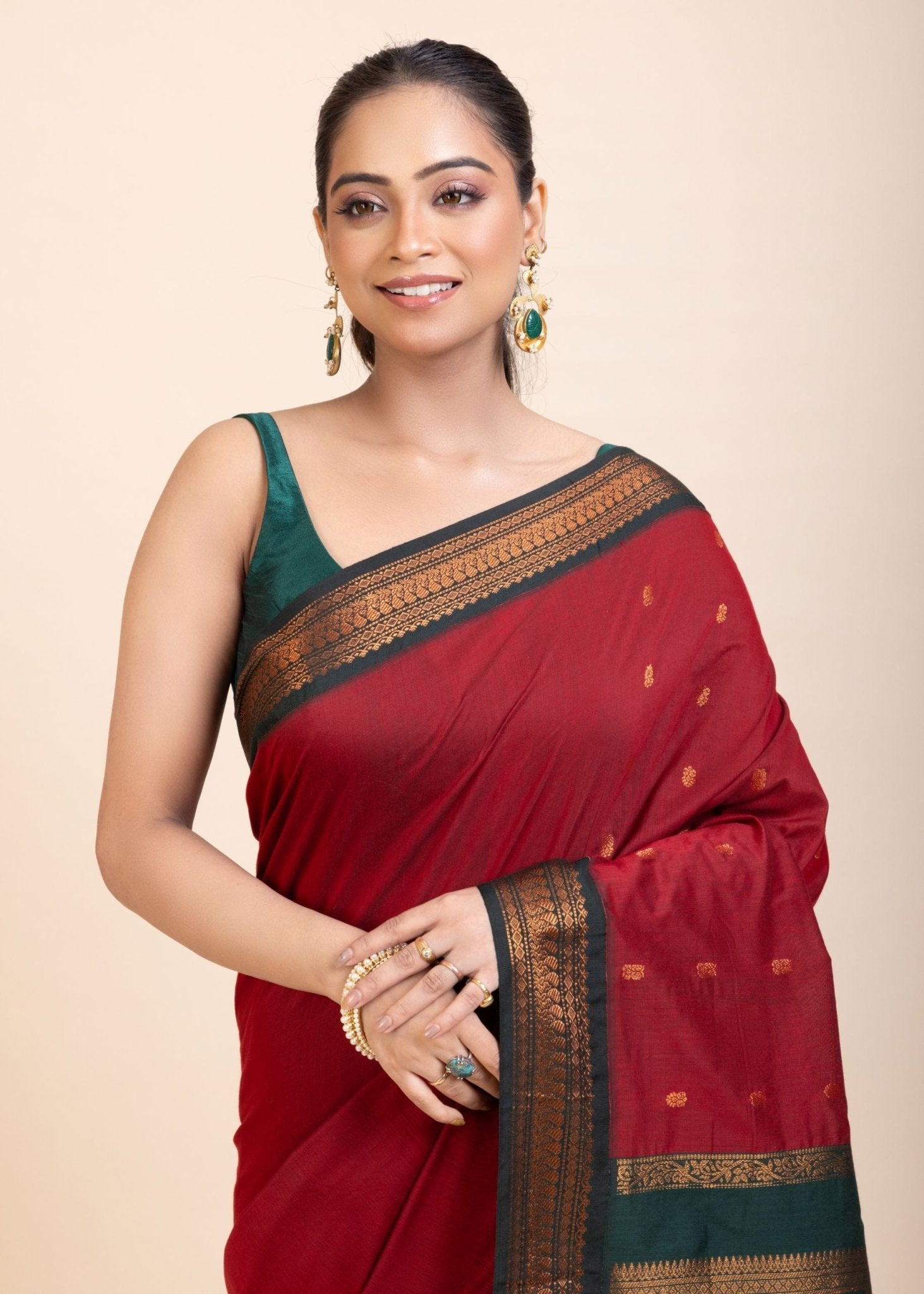 Maroon Green Cotton Gadwal Saree - Anvi Couture