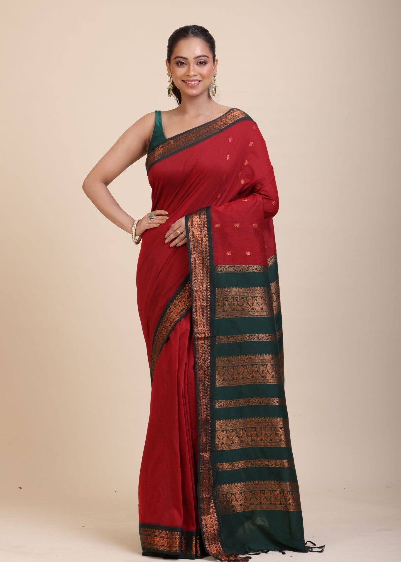 Maroon Green Cotton Gadwal Saree - Anvi Couture