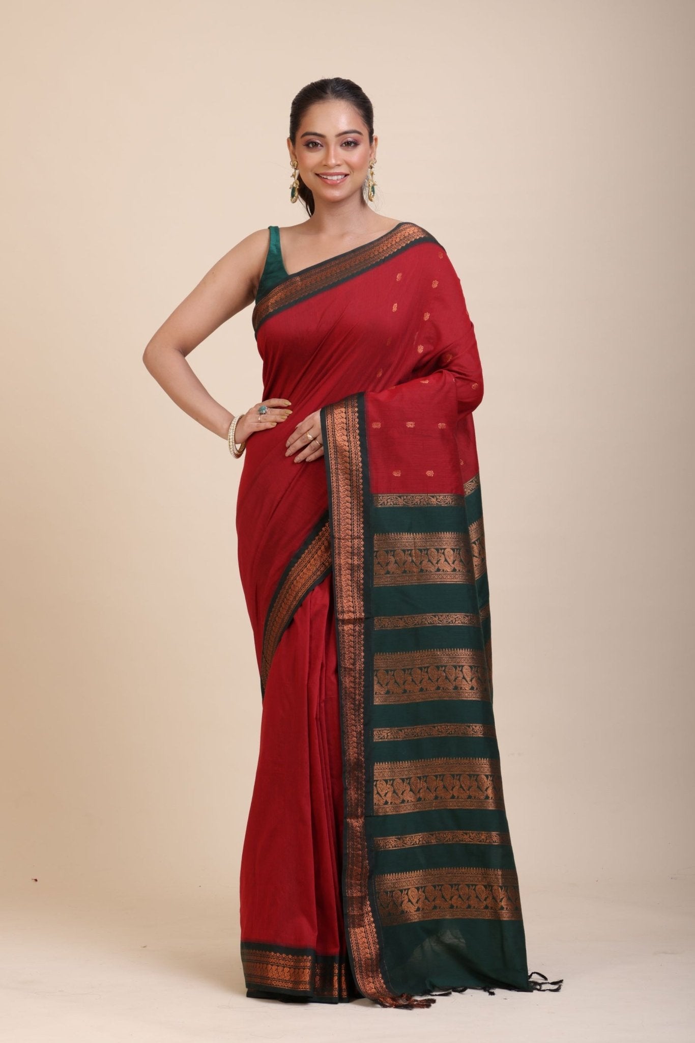 Maroon Green Cotton Gadwal Saree - Anvi Couture