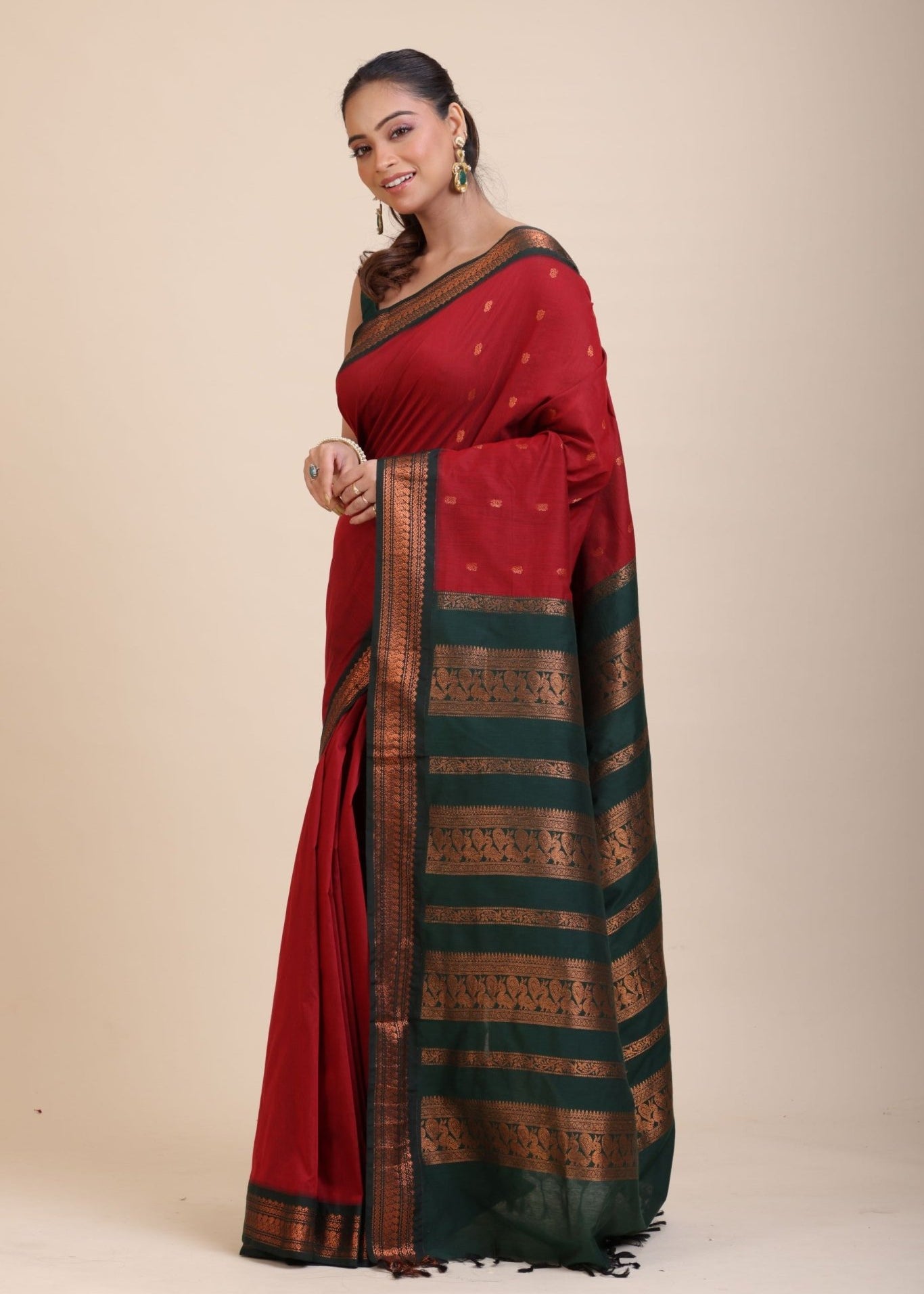 Maroon Green Cotton Gadwal Saree - Anvi Couture