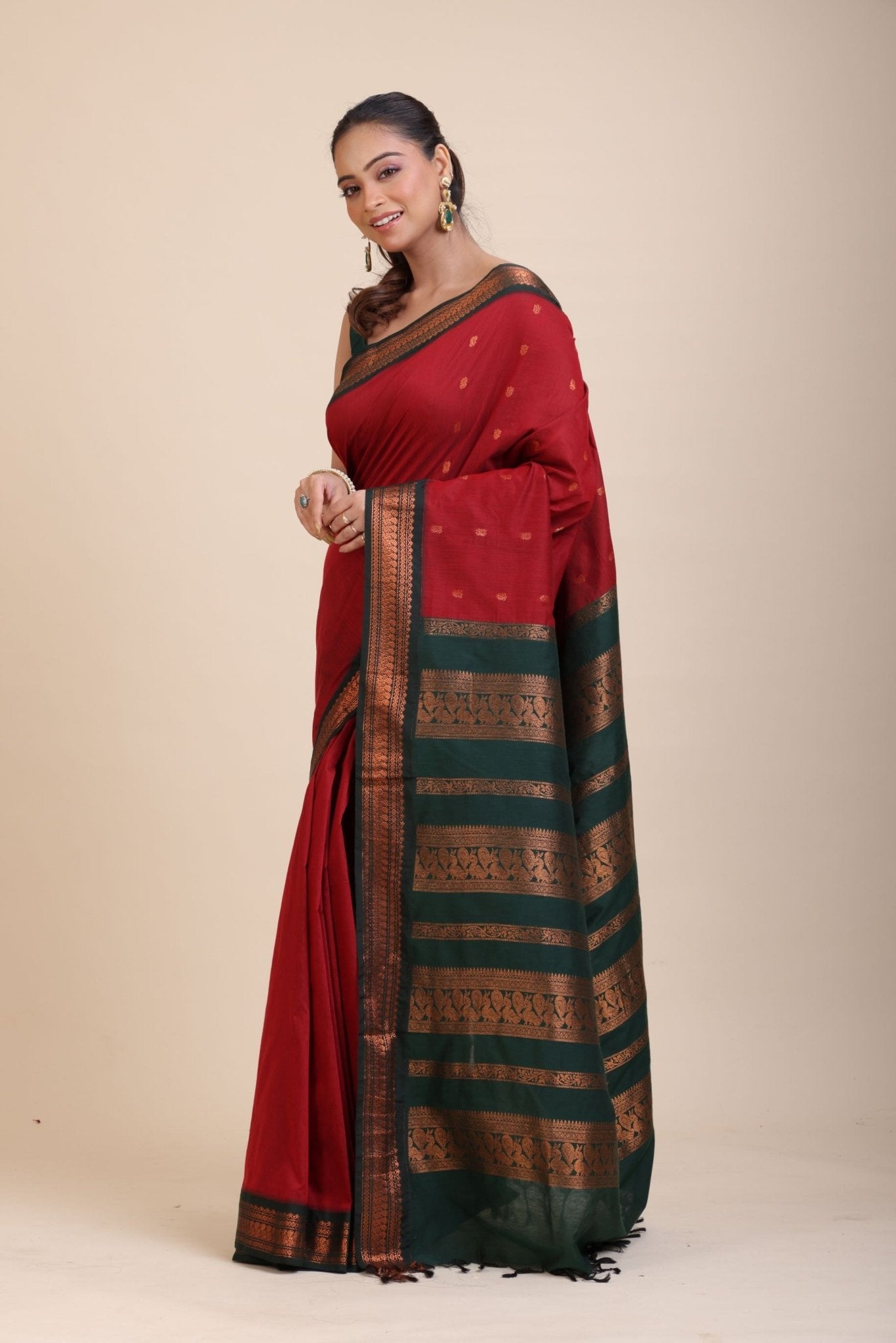 Maroon Green Cotton Gadwal Saree - Anvi Couture