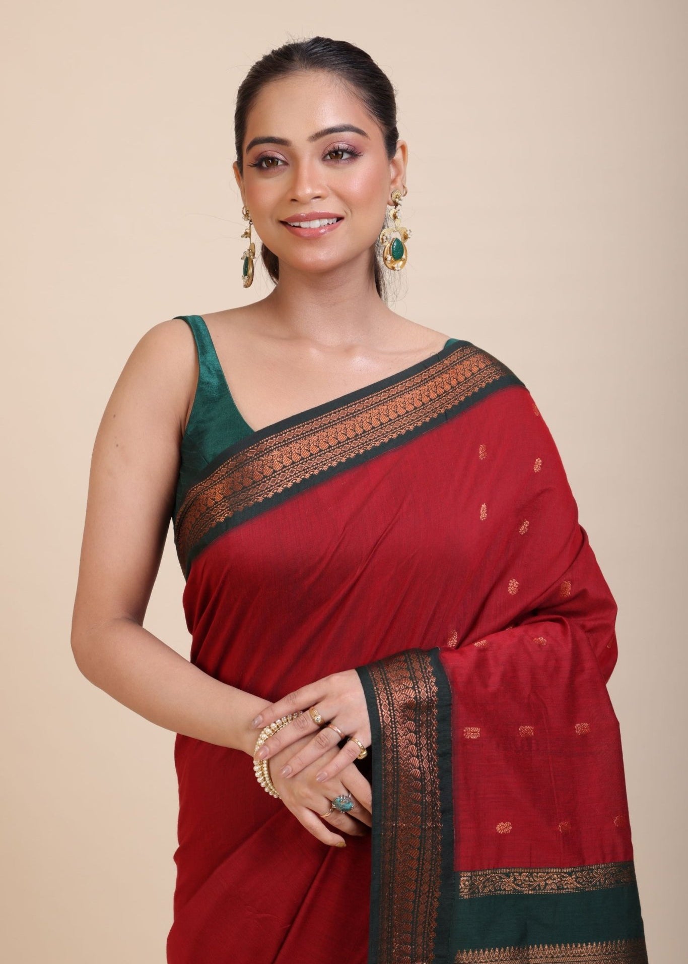 Maroon Green Cotton Gadwal Saree - Anvi Couture
