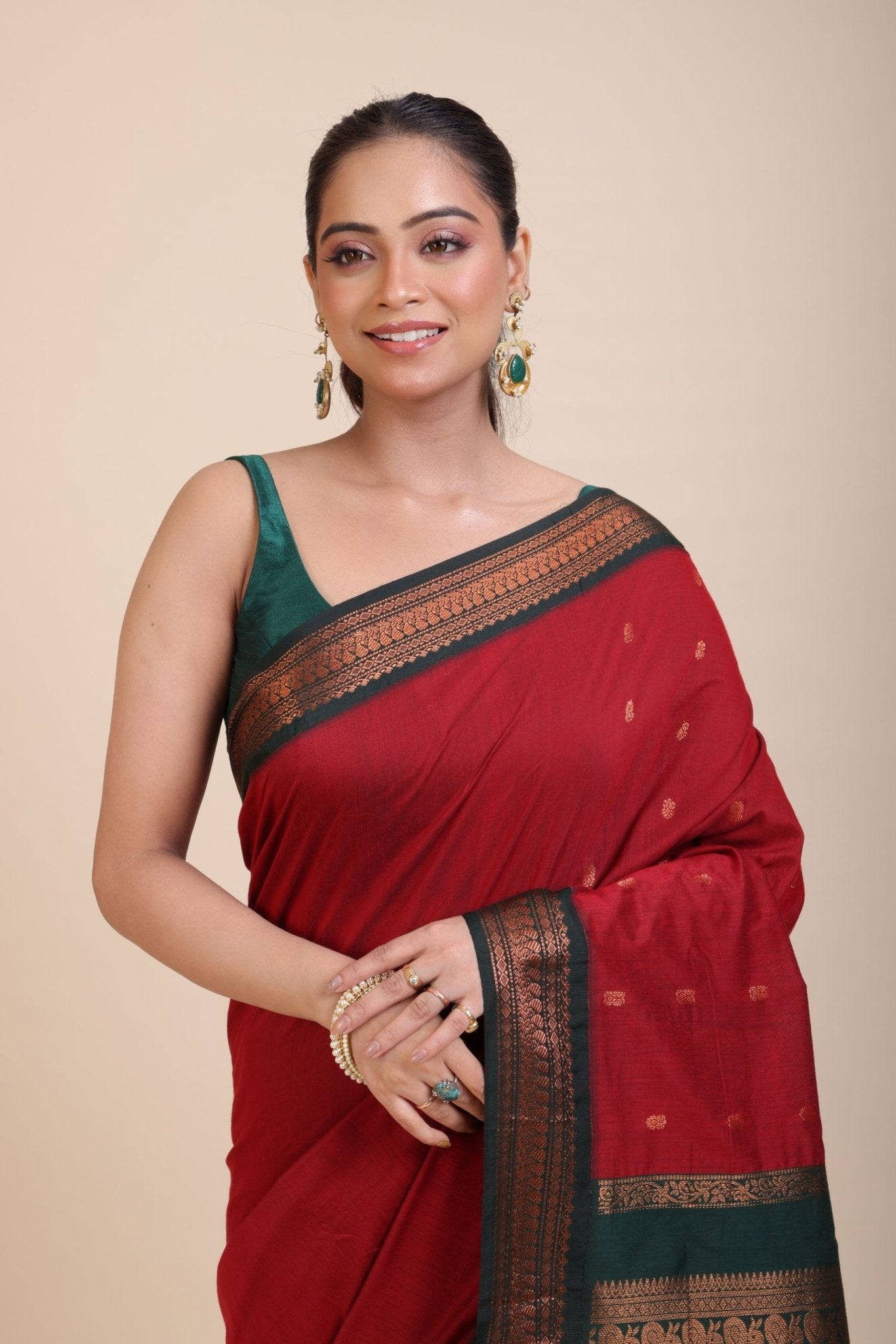 Maroon Green Cotton Gadwal Saree - Anvi Couture