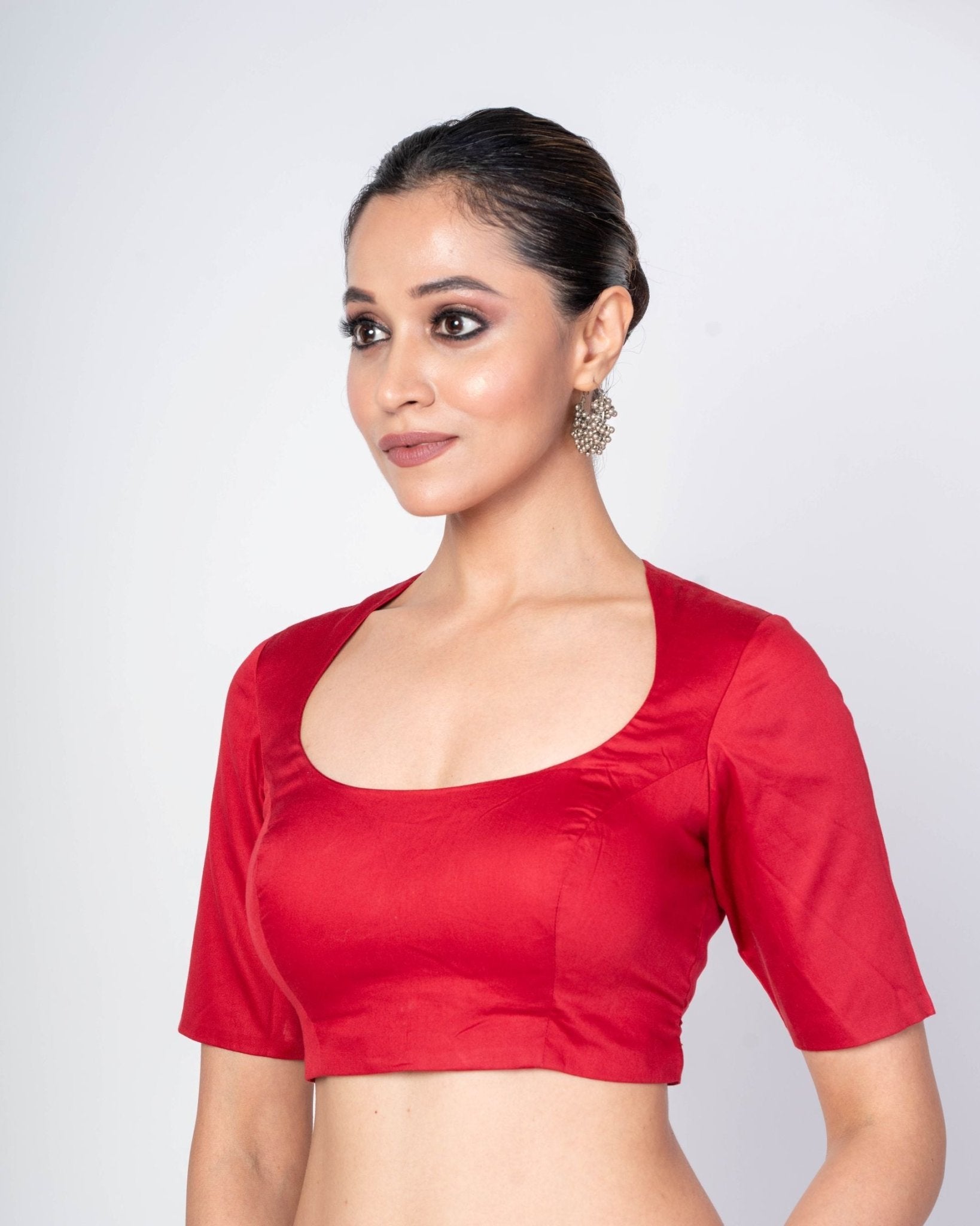 Maroon Half Sleeves Cotton Silk U - Neck Blouse With Back Closure - Anvi Couture