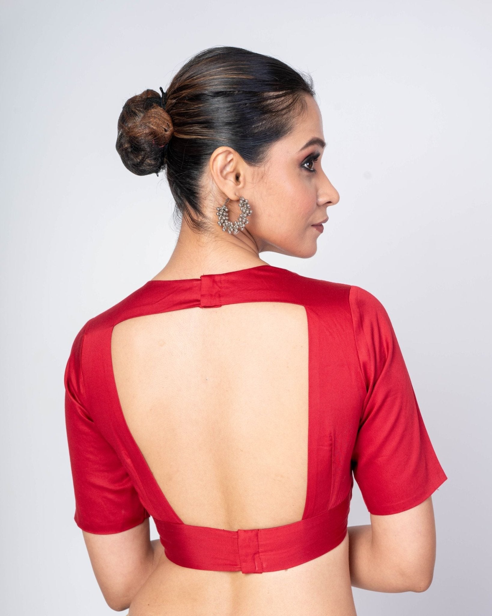 Maroon Half Sleeves Cotton Silk U - Neck Blouse With Back Closure - Anvi Couture