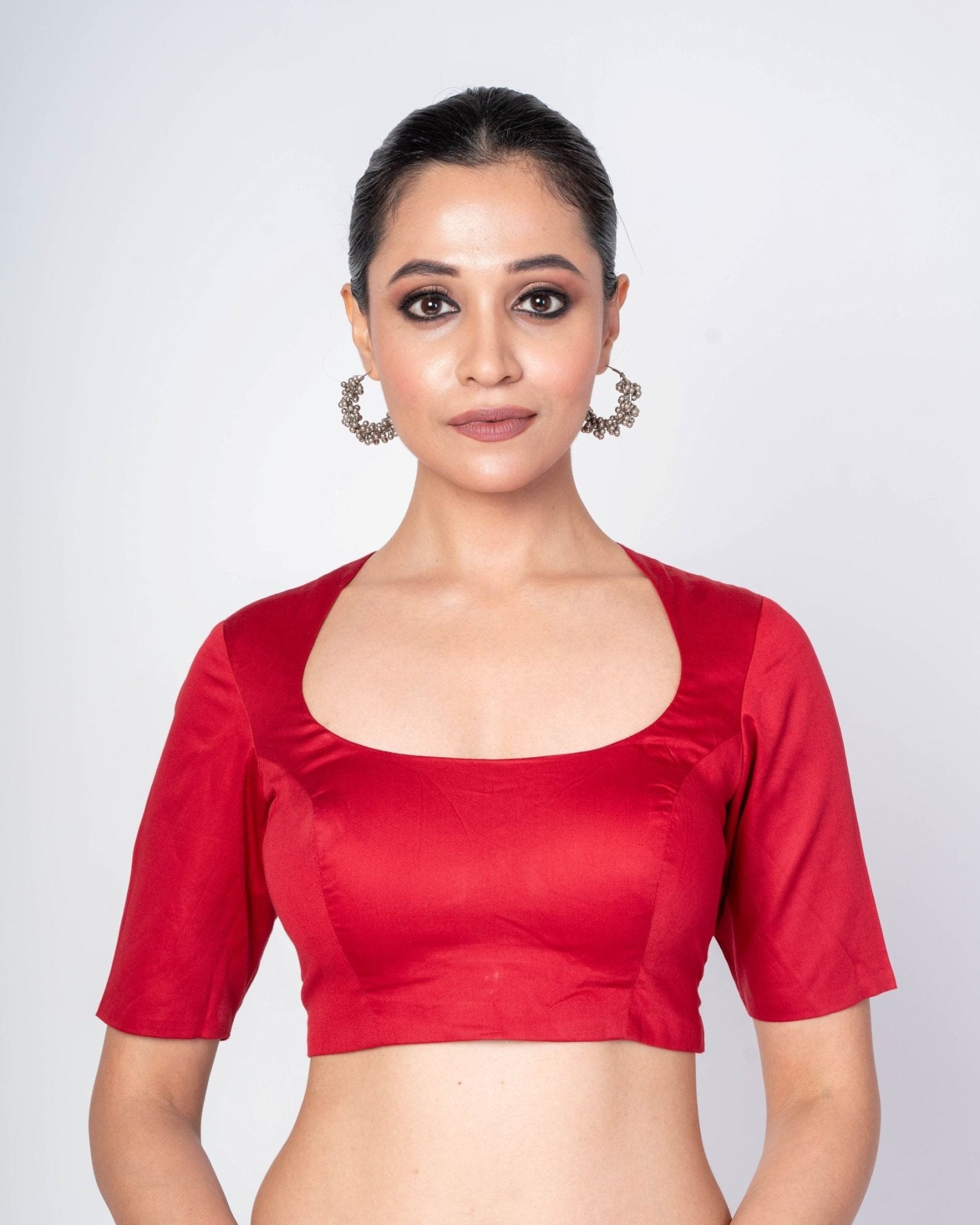 Maroon Half Sleeves Cotton Silk U - Neck Blouse With Back Closure - Anvi Couture
