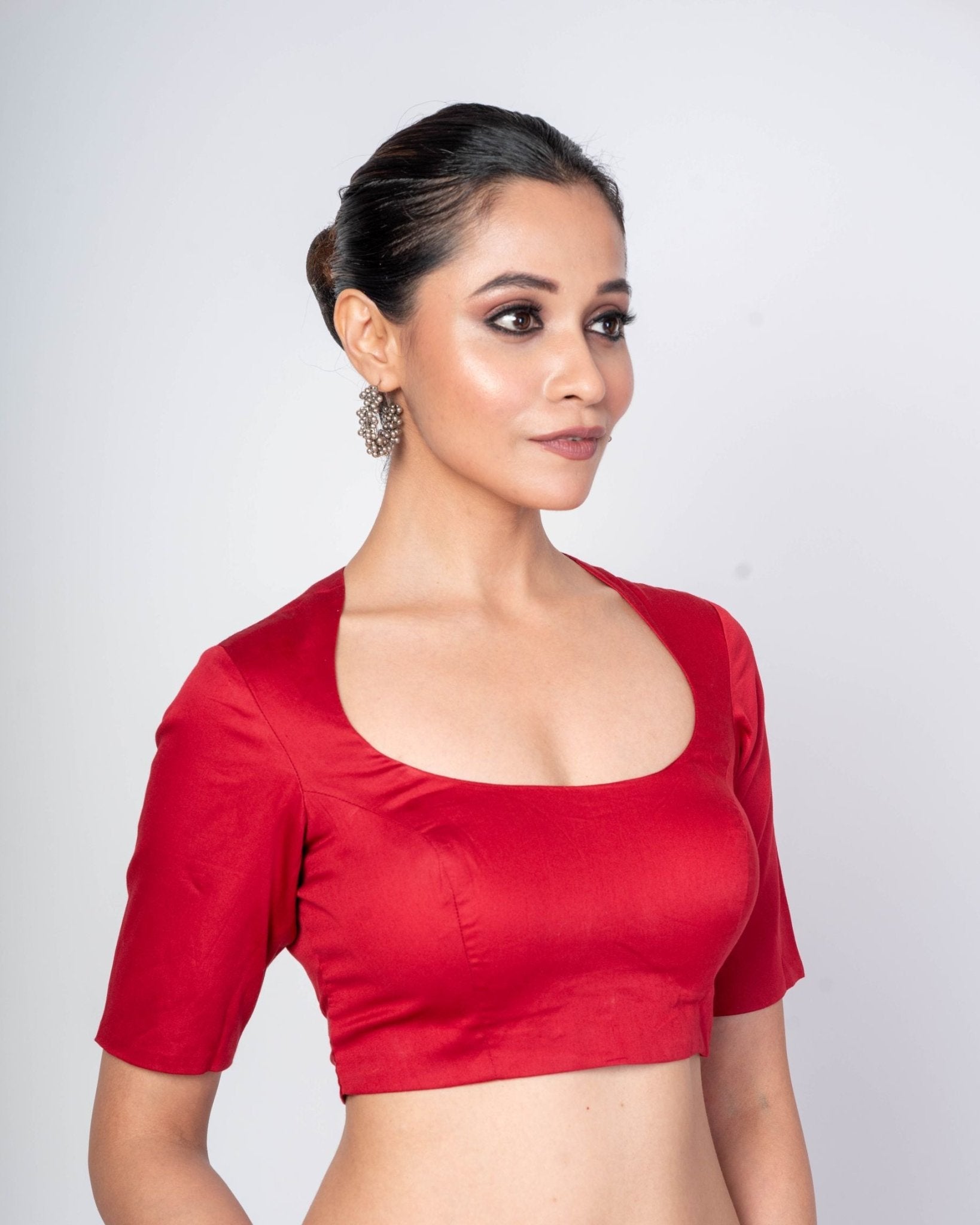 Maroon Half Sleeves Cotton Silk U - Neck Blouse With Back Closure - Anvi Couture