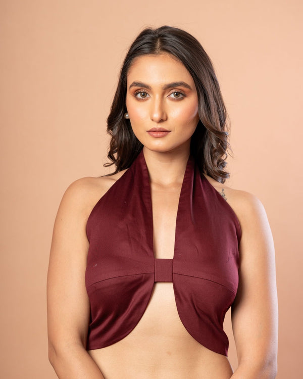 Maroon Halter Neck Blouse in Cotton Silk - Anvi Couture - Front 1